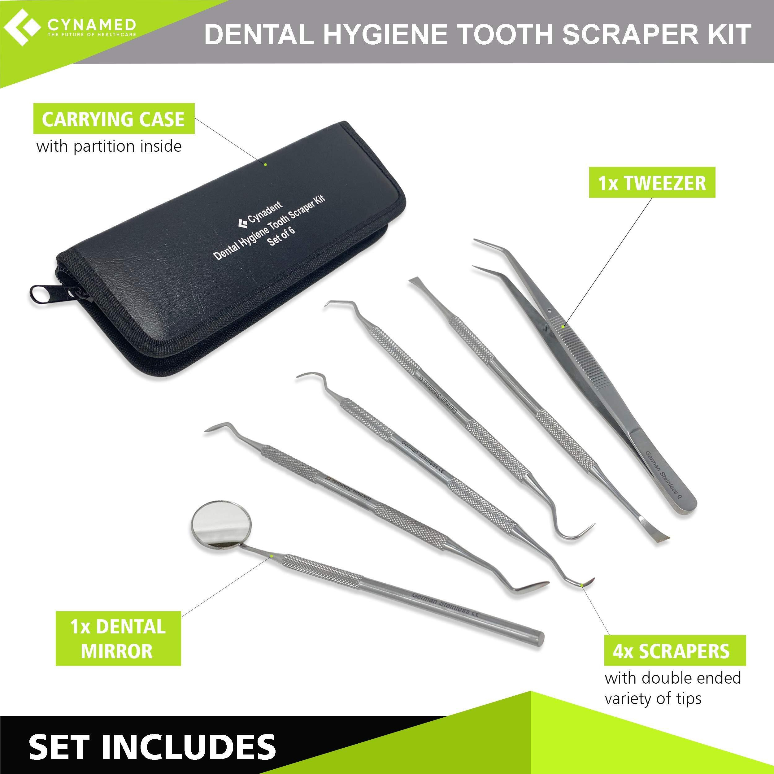 Cynamed Dental Tools Set 6Pc- Stainless Steel Dental Pick  Tooth Scraper  Plaque & Tartar Remover  Tweezers  And Gum Floss For Personal And Pet Oral Care