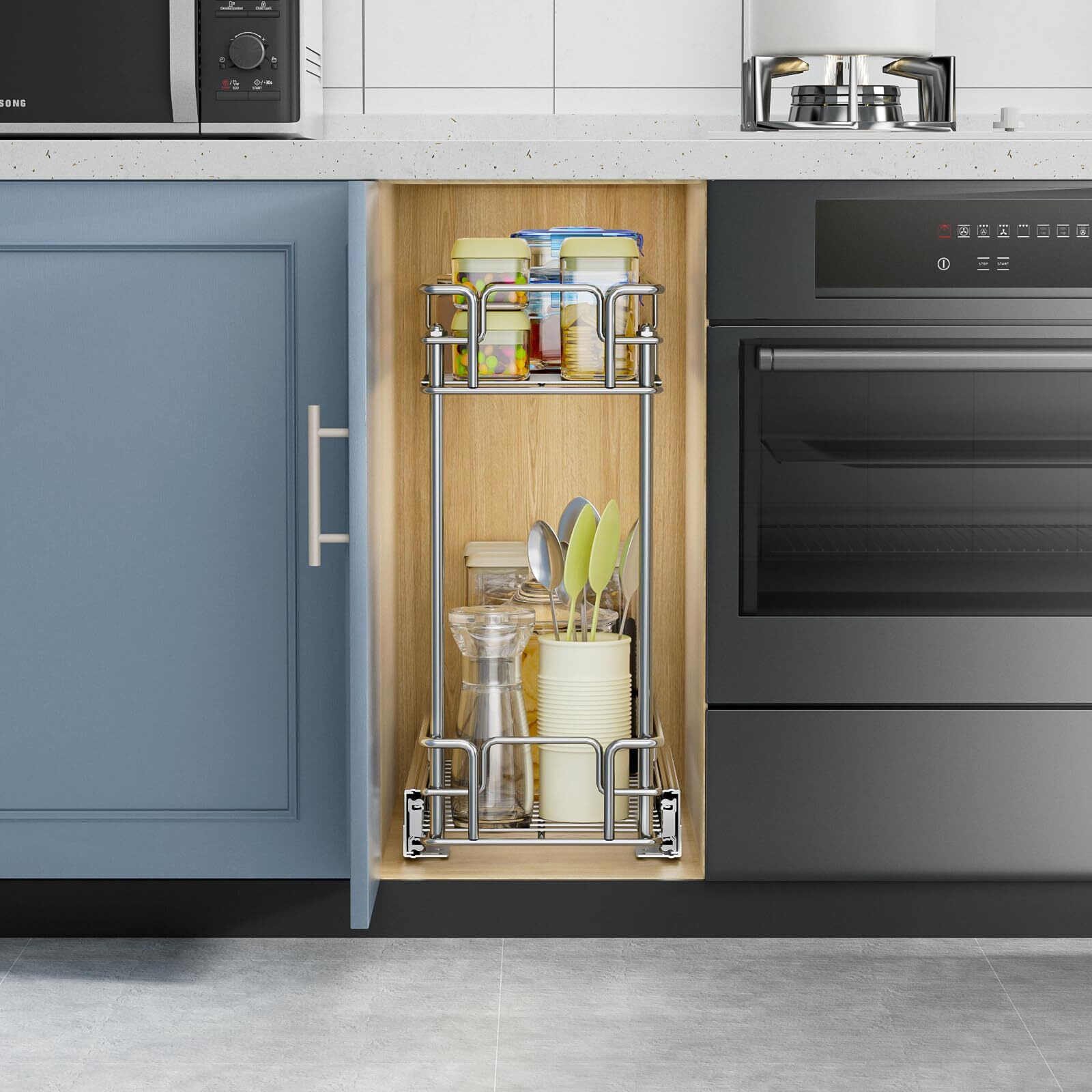 Roomtec 3-Tier Pull Out Cabinet Organizer Spice Rack For Narrow Cabinet 5"" W X 20"" D  Slide Out Wood Shelves Storage For Kitchen