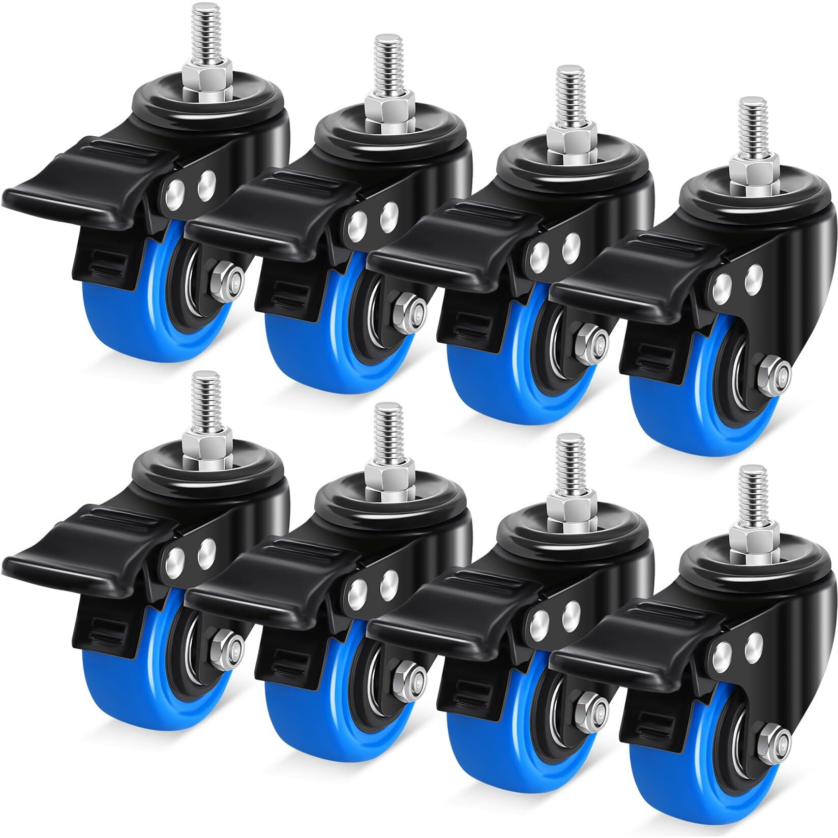 Humagineer Stem Caster Wheels 2 Inch  Heavy Duty Threaded Stem Casters  3/8""-16 X 1 (Screw Diameter 3/8"" Length 1"") Swivel Casters Set Of 8 With Dual Locking Wheel For Furniture And Cart