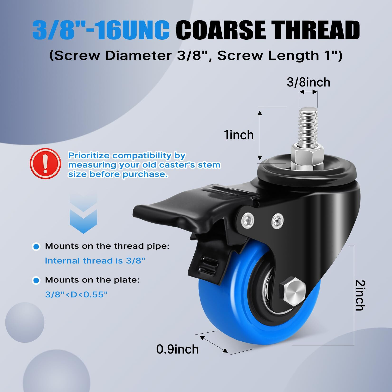 Humagineer Stem Caster Wheels 2 Inch  Heavy Duty Threaded Stem Casters  3/8""-16 X 1 (Screw Diameter 3/8"" Length 1"") Swivel Casters Set Of 8 With Dual Locking Wheel For Furniture And Cart