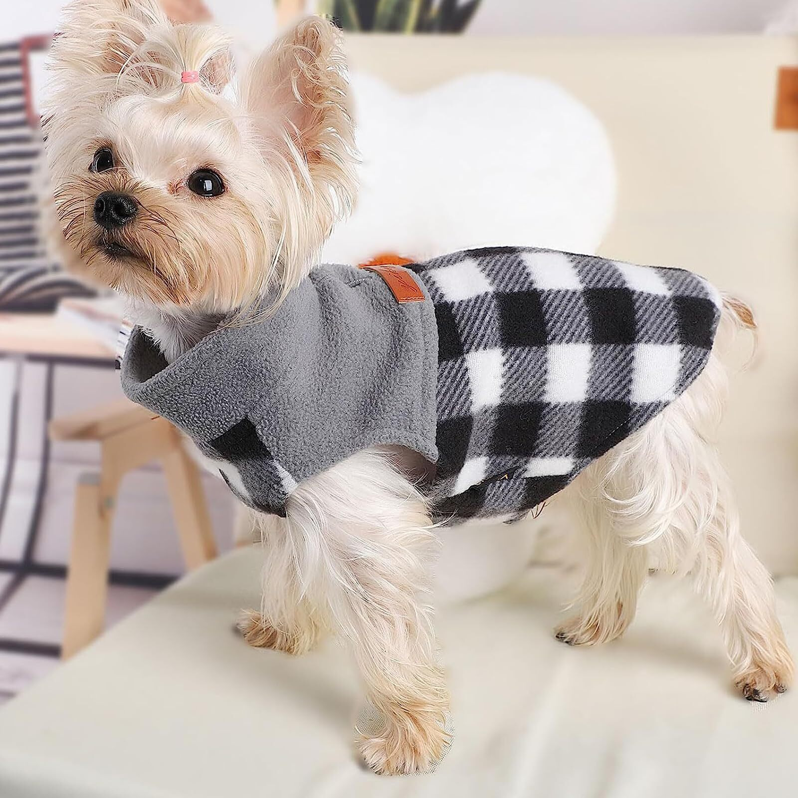 Samll Dog Sweater Fleece Plaid Dog Vest Warm Pullover Pet Sweater Soft Stretchy Fleece Vest Chihuahua Clothes Yorkie Clothes Turtleneck Puppy Winter Jacket (Plaid Black  Medium)