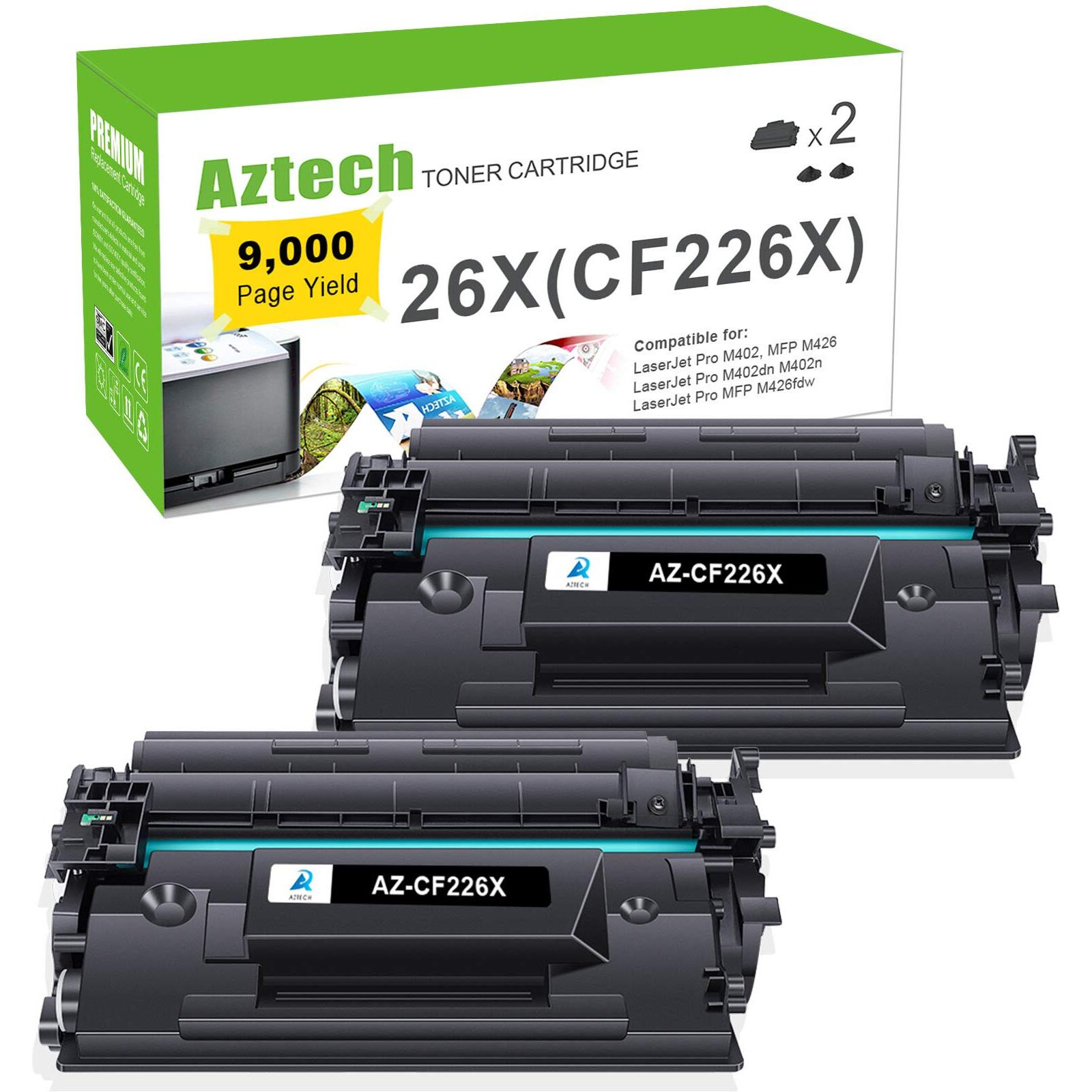 Aztech 26X Cf226X Toner Cartridge 2 Pack High Yield Compatible Replacement For Hp 26X Cf226X 26A Cf226A Pro M402Dn M402N M402Dw Pro Mfp M426Fdw M426Fdn M426Dw Cf226Xc Printer Ink (Black 2-Pack)