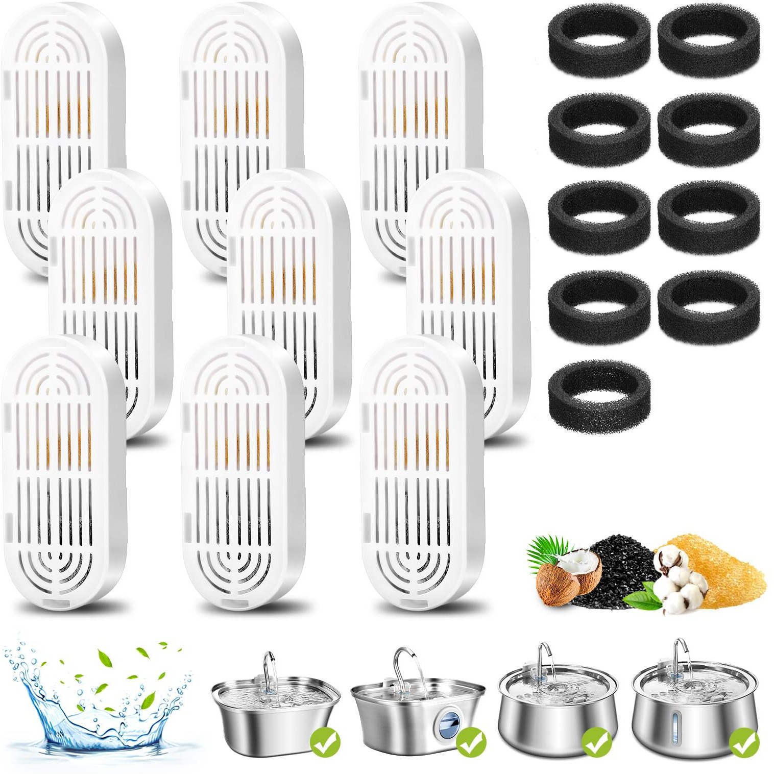 Cat Water Fountain Filters  9 Pack Replacement Filters & Replacement Pre-Filter Sponges For Stainless Steel Pet Fountain With Water Level Window  Fountain Carbon Filters For Dog Water Dispenser Bowl