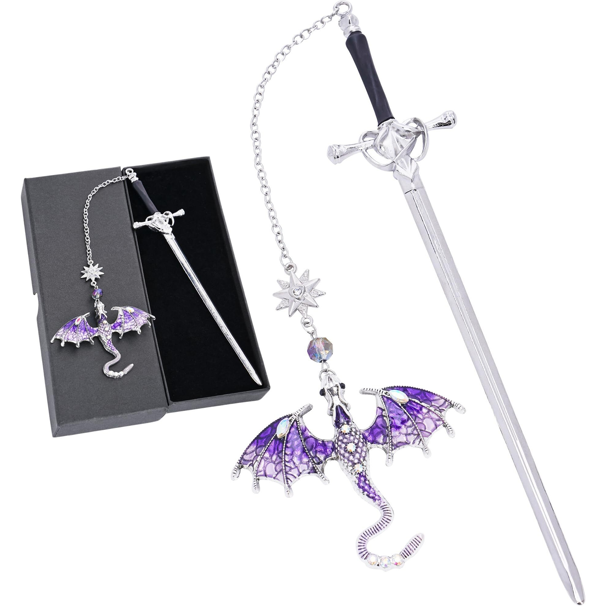 Berirexrion Fantasy Fourth Wing Bookmark - Cool Sward Dragon Book Mark Unique Vintage Tassel Metal Pendant Antique Silver Purple Page Markers Reading Lovers Women Men Teachers Birthday Christmas Gifts