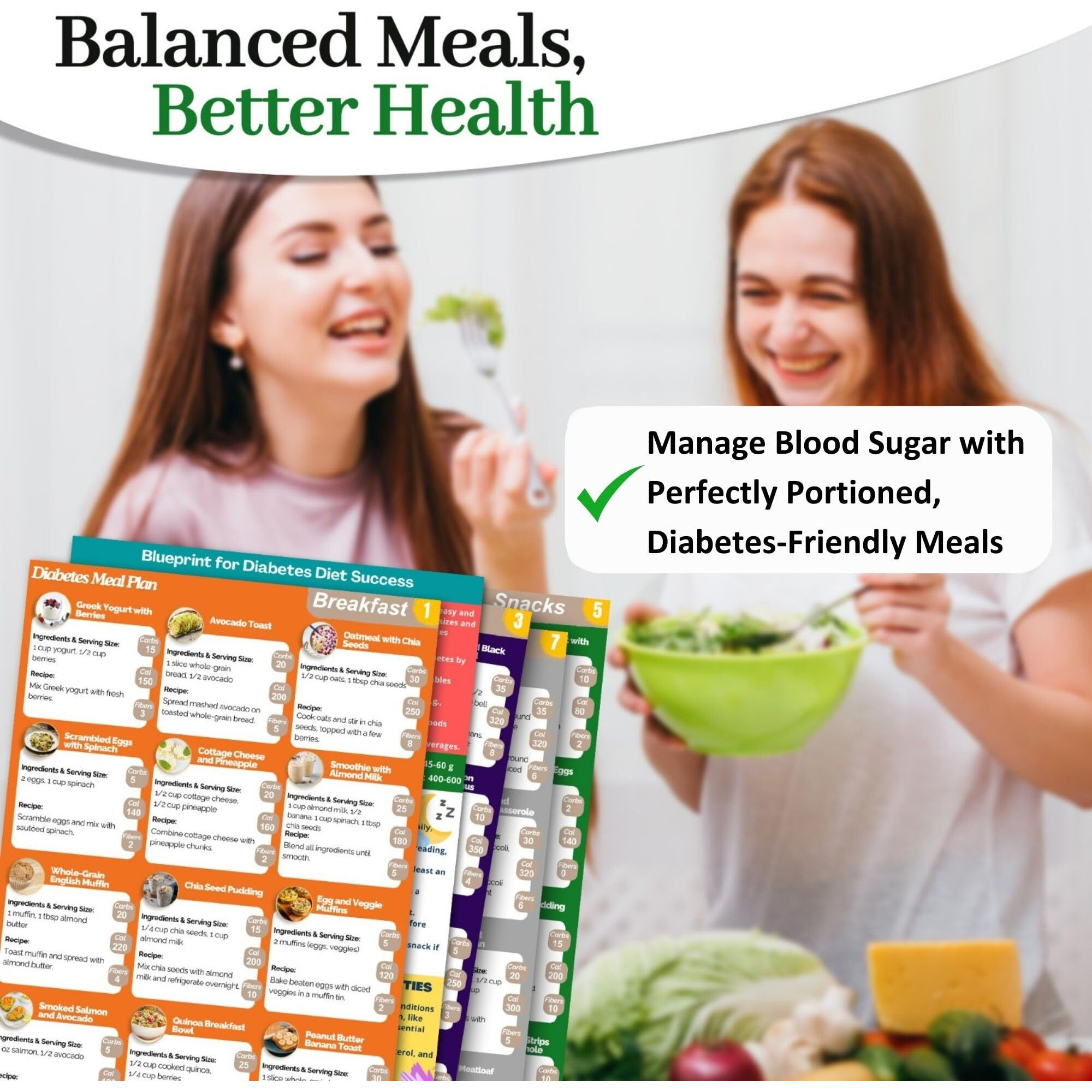 5Pcs Diabetes Meal Plan & Nutrition Guide. List Of Meals For Blood Sugar Control And Diabetes Management. Includes Educational Diabetes Poster. Counts Calories  Carbs  & Fibers. Laminated