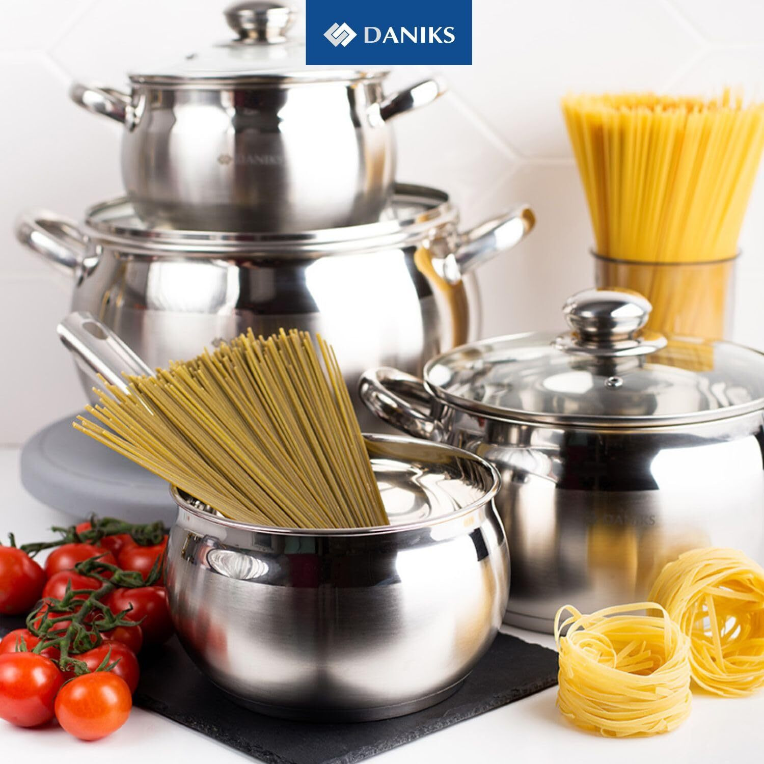 Daniks Classic Stainless Steel Kitchen Induction Pot Cookware Set | 11-Piece | Dishwasher Safe Pots | Saucepan 2 Quart + 2 Quart + 3 Quart + 4 Quart + 7 Quart + Saute Pan | Measuring Scale | Silver