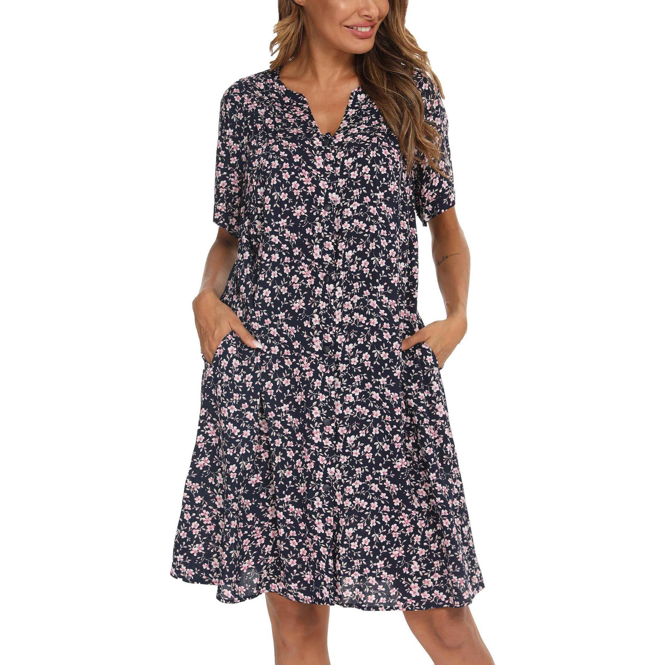 Yozly House Dress Women Cotton Duster Robe Short Sleeve Housecoat Button Down Nightgown Flower Xx-Large