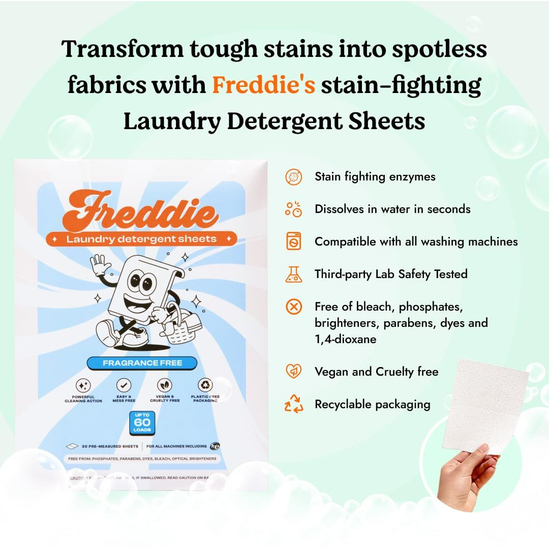 Freddie Laundry Detergent Sheets -Spring Blossom Scent - 60 Loads (30 Sheets) - Concentrated Eco Friendly Liquid-Less Strips