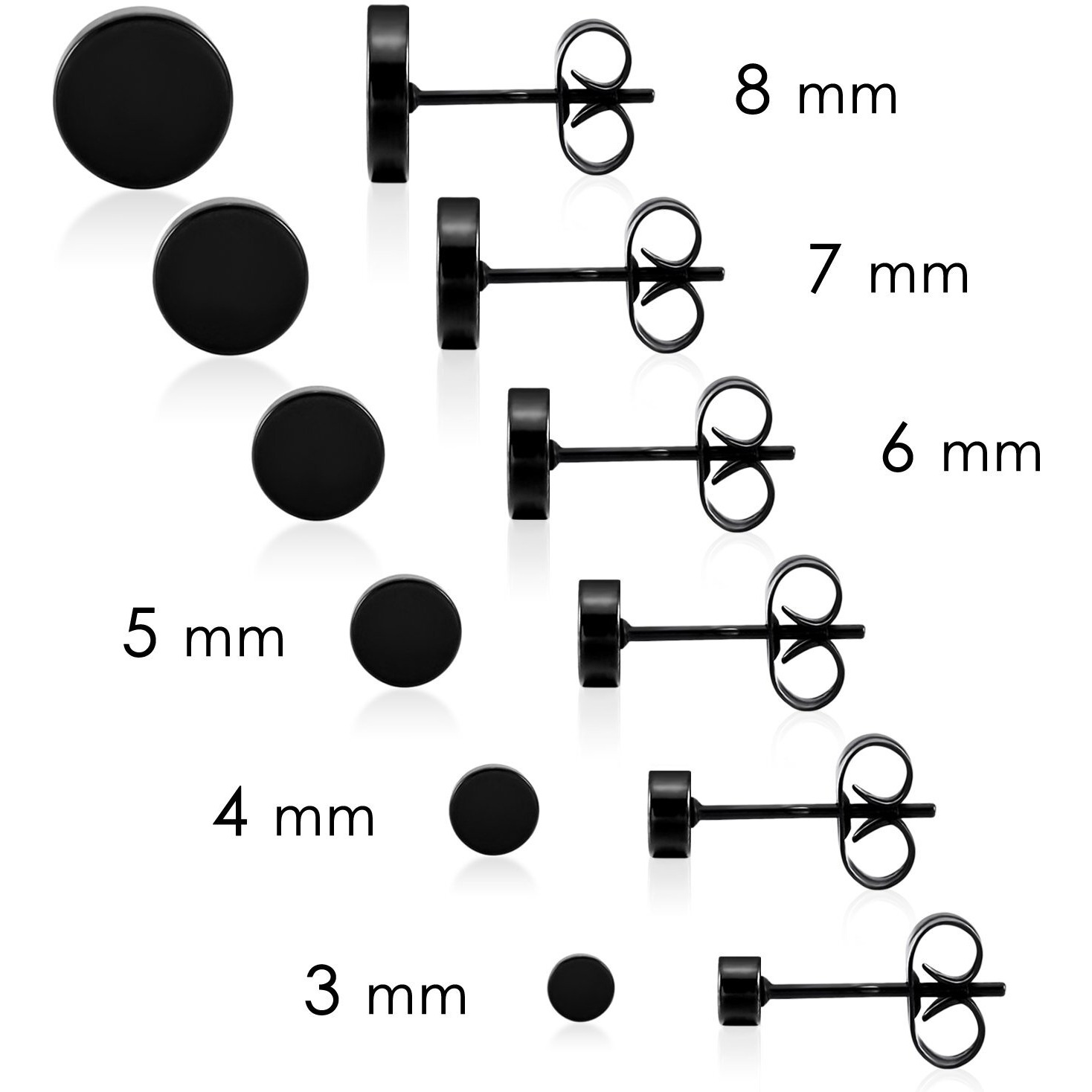 Lieblich Black Round Stud Earrings Set Stainless Steel Ear Studs For Men Women 6 Pairs 3Mm-8Mm  (Black)