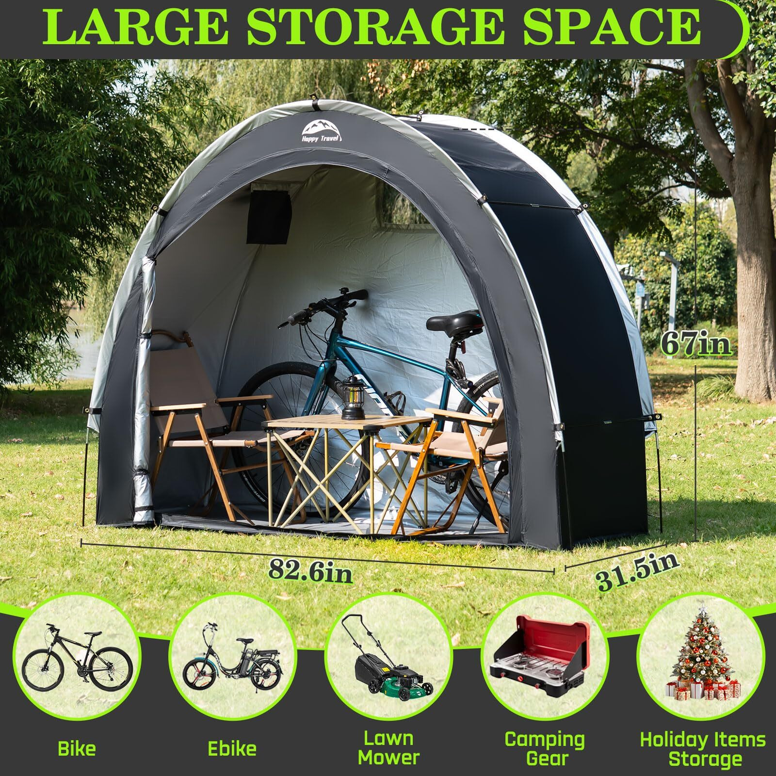 Happy Travel Bike Storage Tent Shed  Outdoor Waterproof Bicycle Covers Shelter With Window For 2/3/4/6 Bikes Oversized Outside Portable Sheds For Lawn Mower Garden Tools