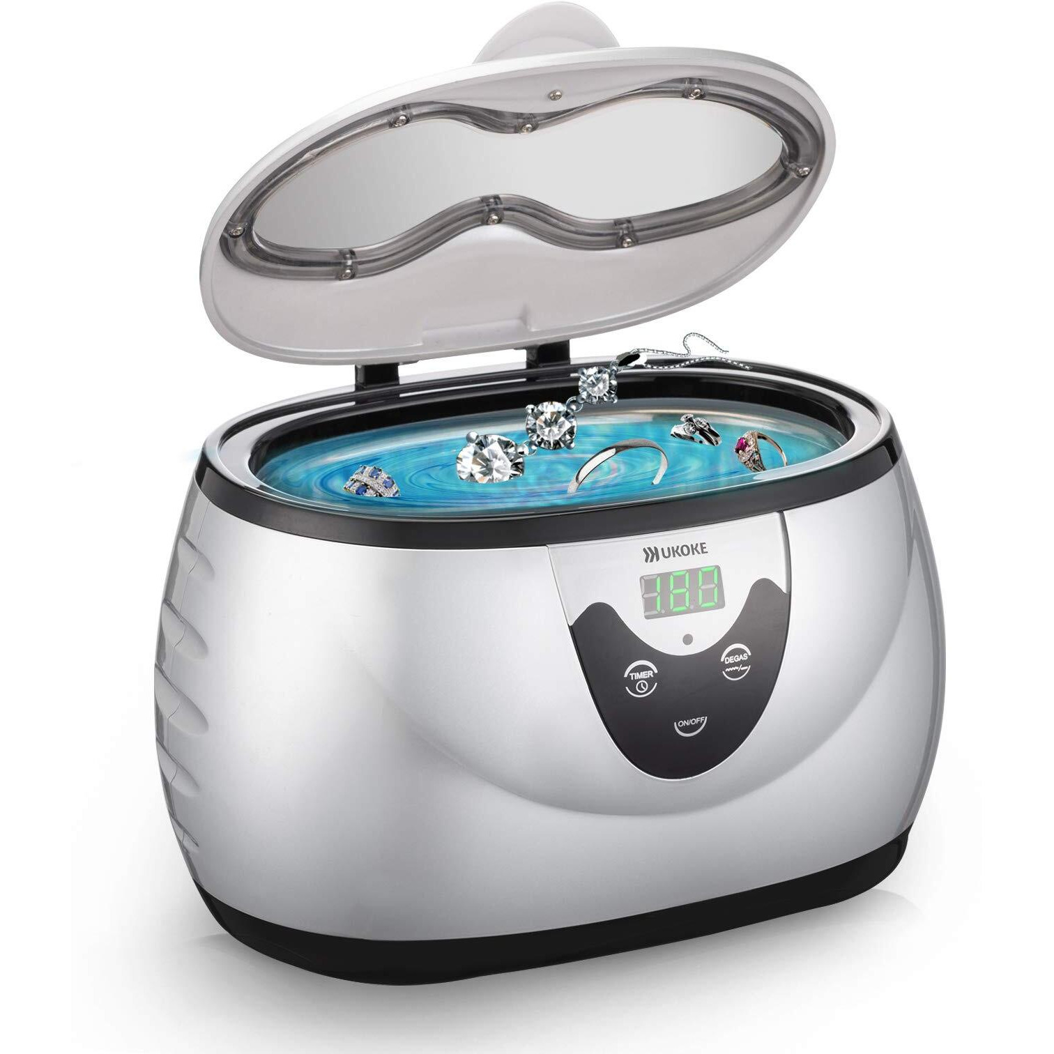 Ukoke 3800S Professional Ultrasonic Jewelry Cleaner Machine  0.6L Portable Household Timer Device For Eyeglasses  Dentures  Watches  Rings | Silver  Fast Deep Cleaning For Small Accessories