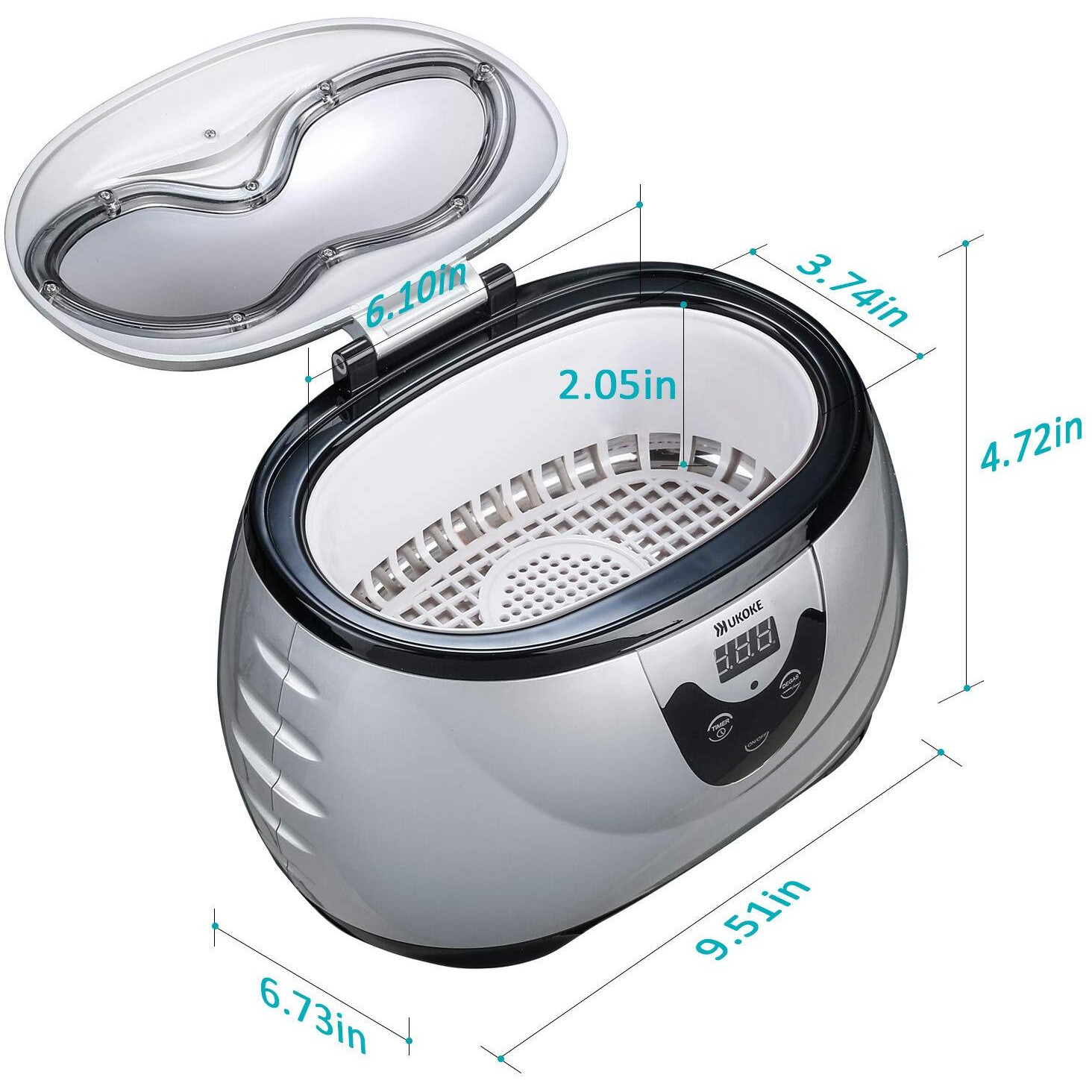 Ukoke 3800S Professional Ultrasonic Jewelry Cleaner Machine  0.6L Portable Household Timer Device For Eyeglasses  Dentures  Watches  Rings | Silver  Fast Deep Cleaning For Small Accessories