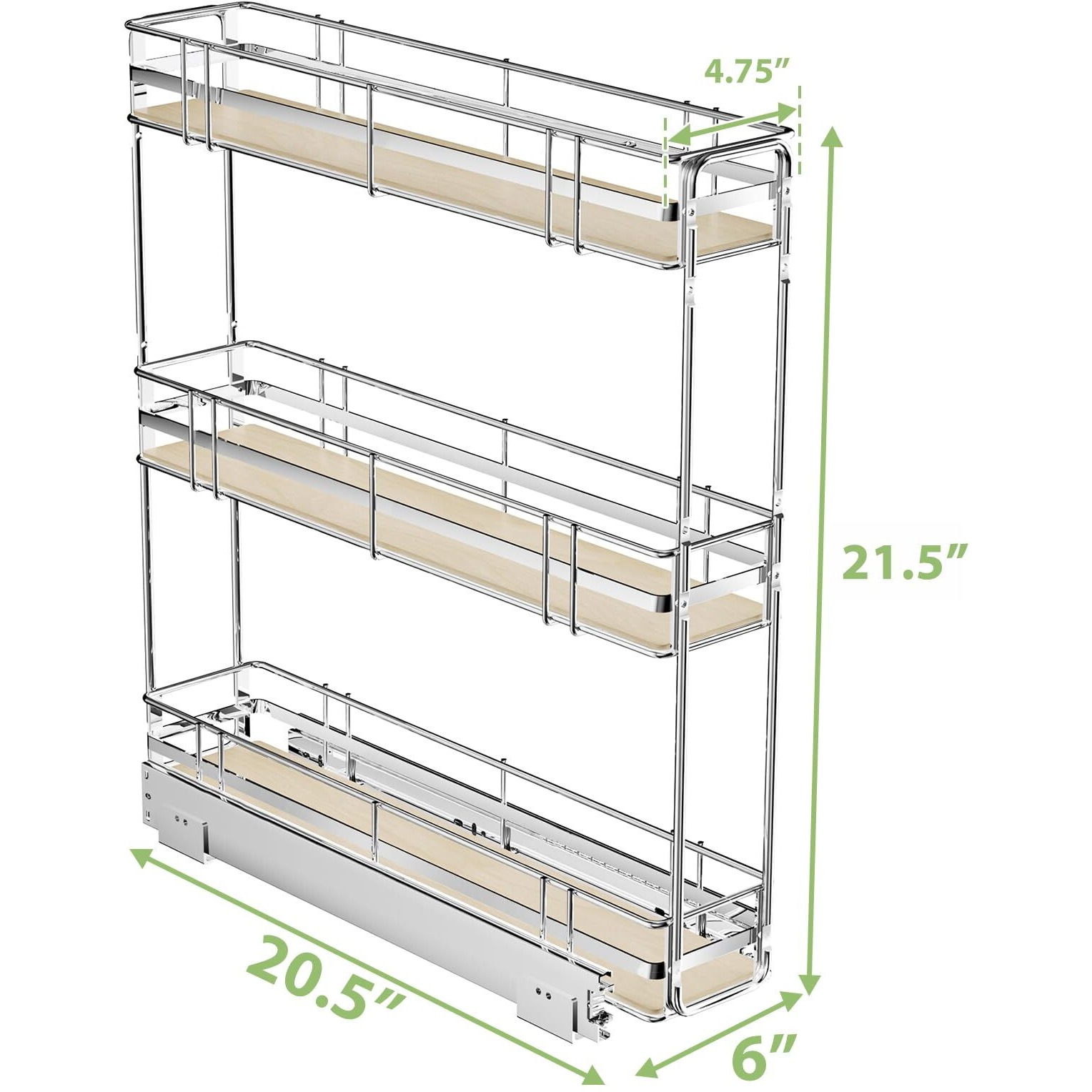 Roomtec 3-Tier Pull Out Cabinet Organizer Spice Rack For Narrow Cabinet 6"" W X 20"" D  Slide Out Wood Shelves Storage For Kitchen