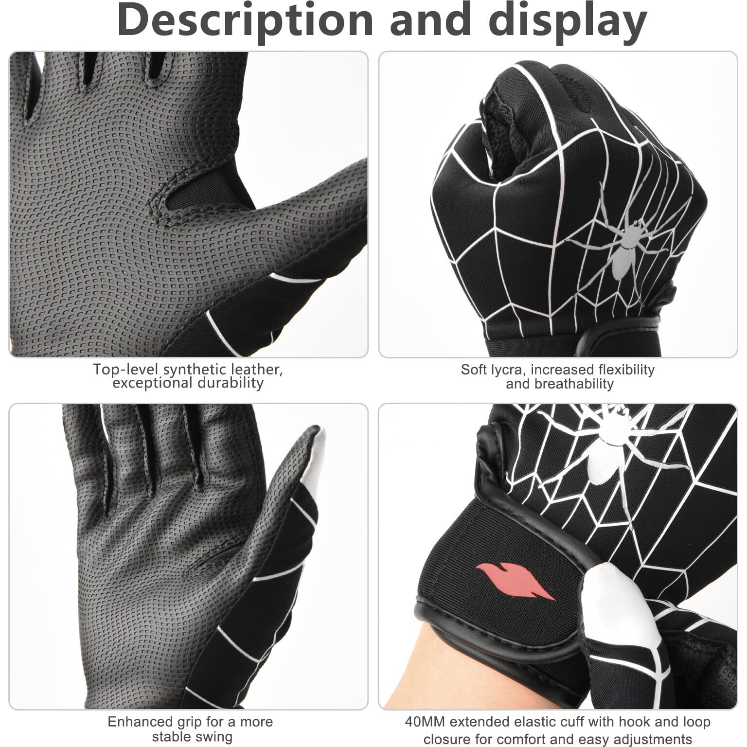 Rspgo Kids Baseball & Softball Batting Gloves For Youth Boys With Stretch Fit  Spider Black M/L