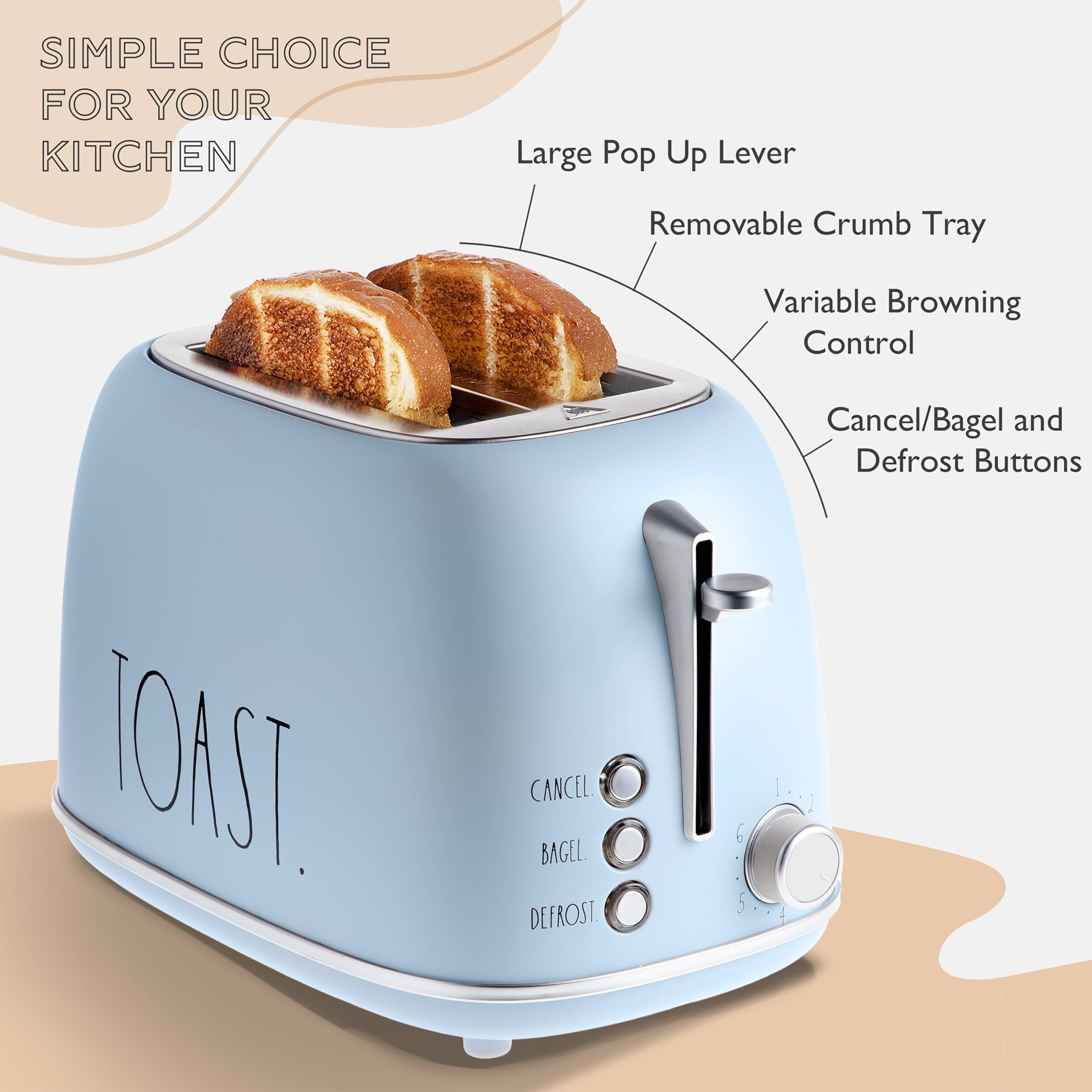 Rae Dunn Retro Rounded Bread Toaster  2 Slice Stainless Steel Toaster With Removable Crumb Tray  Wide Slot With 6 Browning Levels  Bagel  Defrost And Cancel Options (Baby Blue)