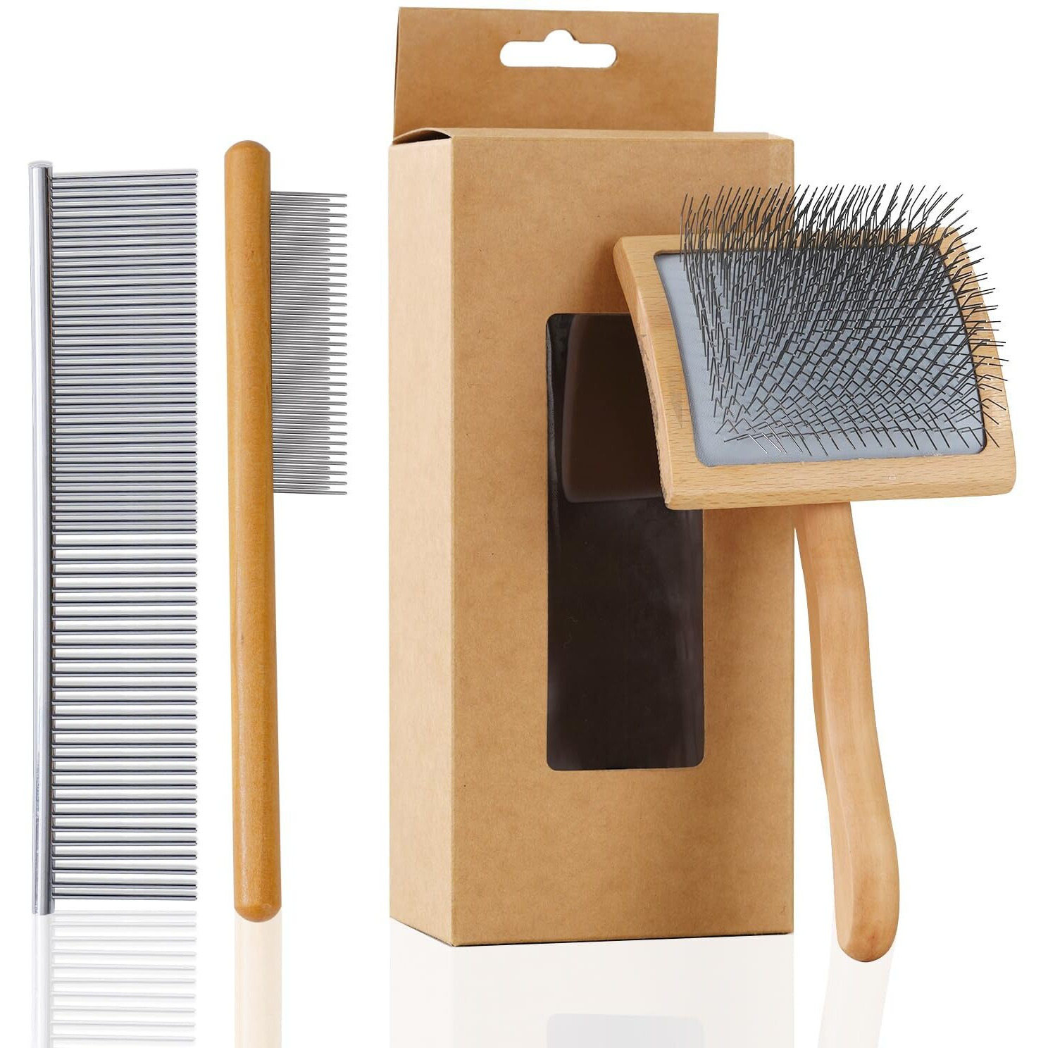 Werduoland Ergonomic Slicker Brush For Long-Haired Dogs - Wooden Handle  Long Pins For Grooming Goldendoodles