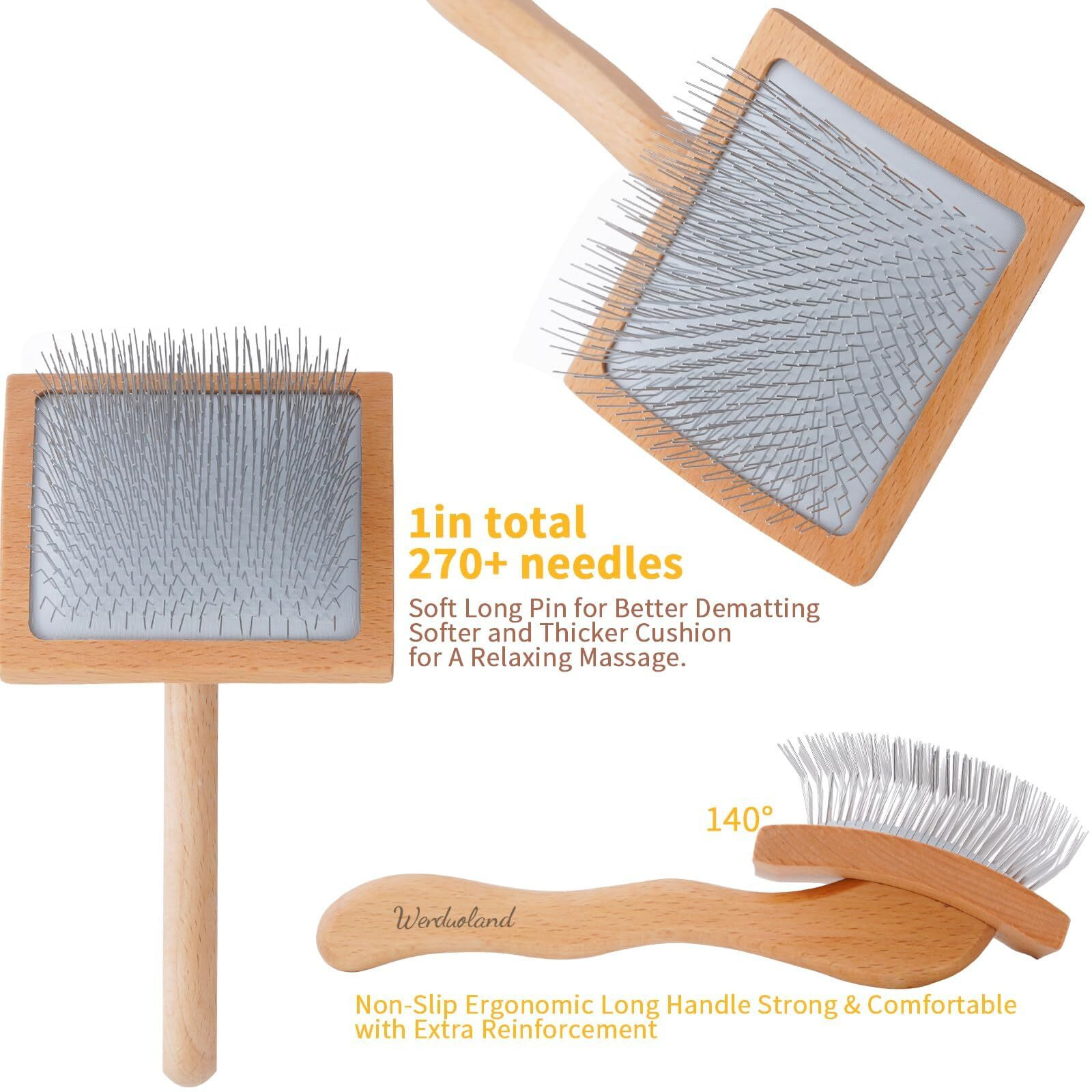Werduoland Ergonomic Slicker Brush For Long-Haired Dogs - Wooden Handle  Long Pins For Grooming Goldendoodles