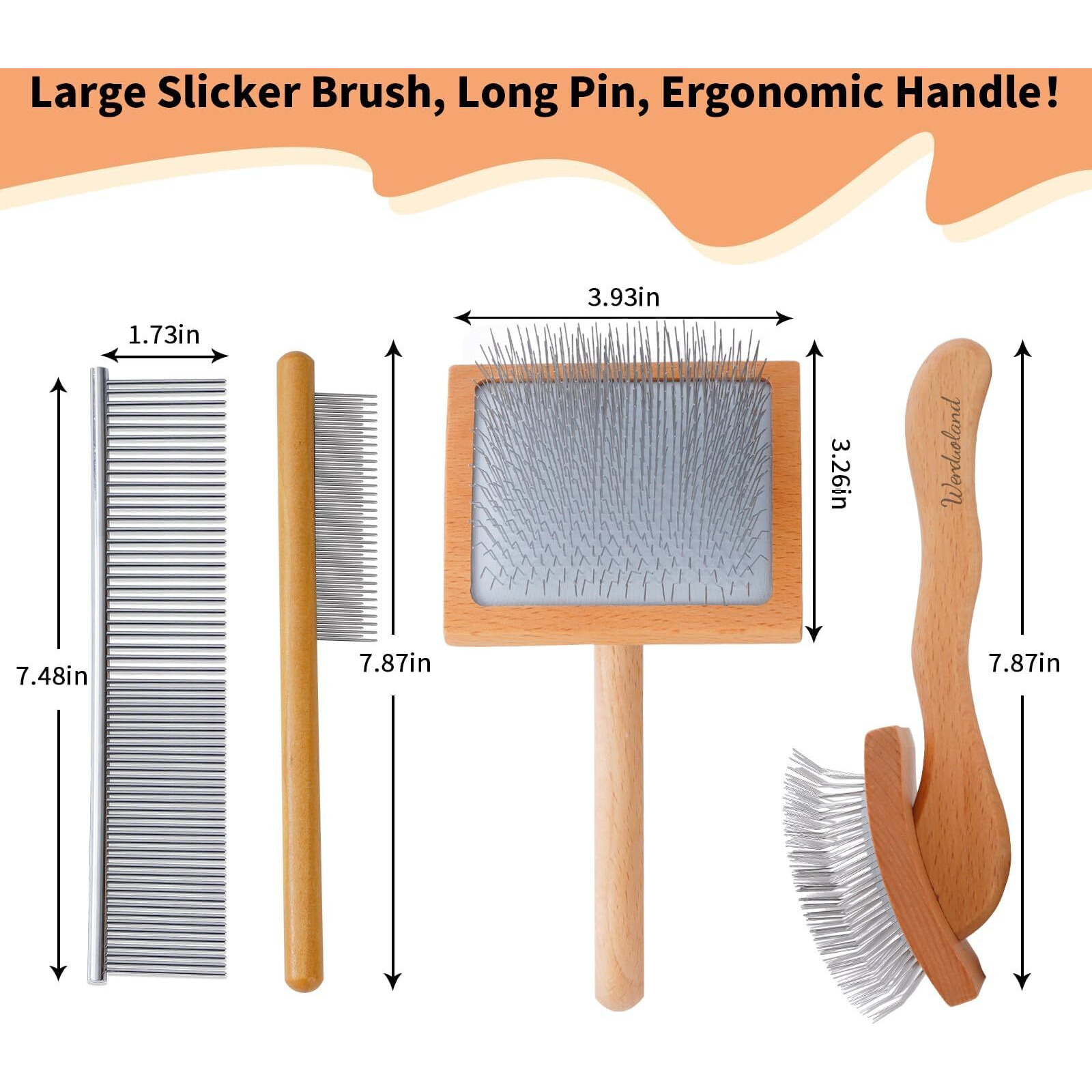 Werduoland Ergonomic Slicker Brush For Long-Haired Dogs - Wooden Handle  Long Pins For Grooming Goldendoodles