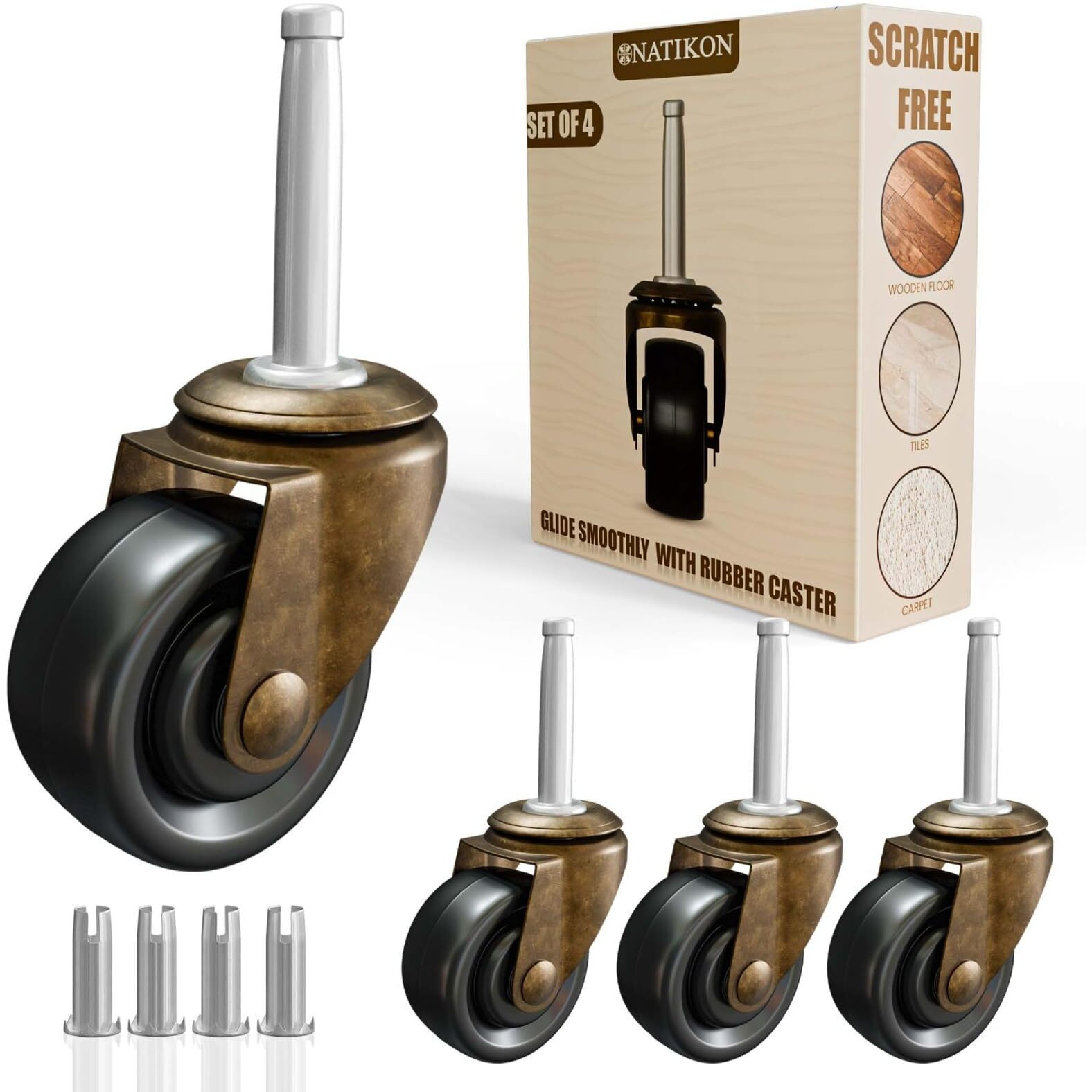 Antique Brass Casters With Rubber Wheels 1-5/8"" Stem Caster Replacement For Chairs  Sofa  Dresser | Vintage Furniture Rollers For Hardwood Floor Set Of 4