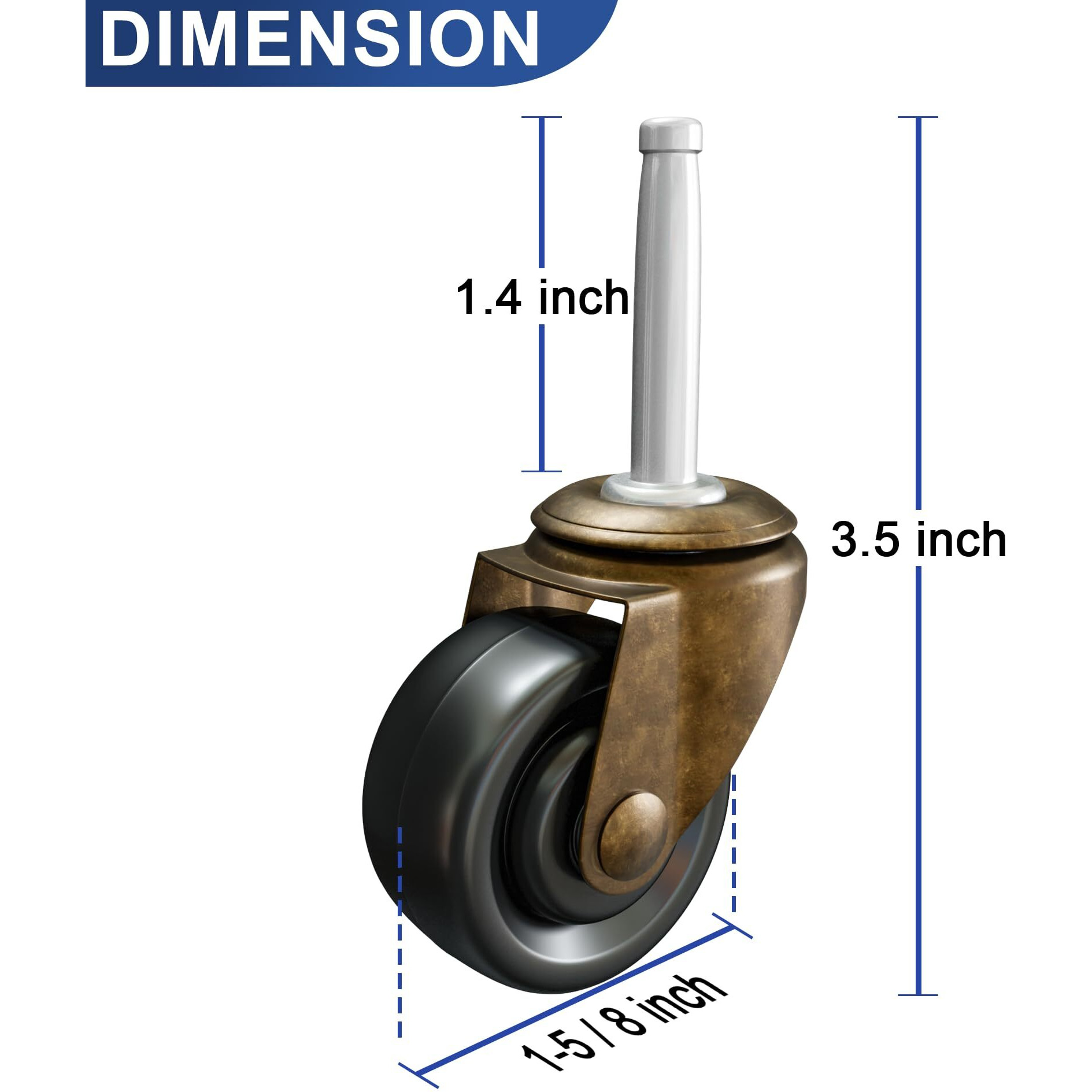 Antique Brass Casters With Rubber Wheels 1-5/8"" Stem Caster Replacement For Chairs  Sofa  Dresser | Vintage Furniture Rollers For Hardwood Floor Set Of 4