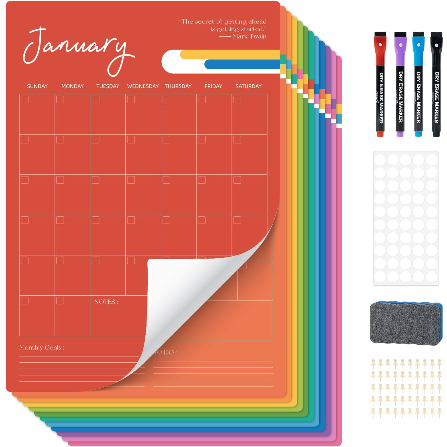 Ospelelf Undated Wall Calendar Dry Erase 12 Month  12"" X 17"" Laminated Calendar Monthly Office Calendar 2025  12 Sheets