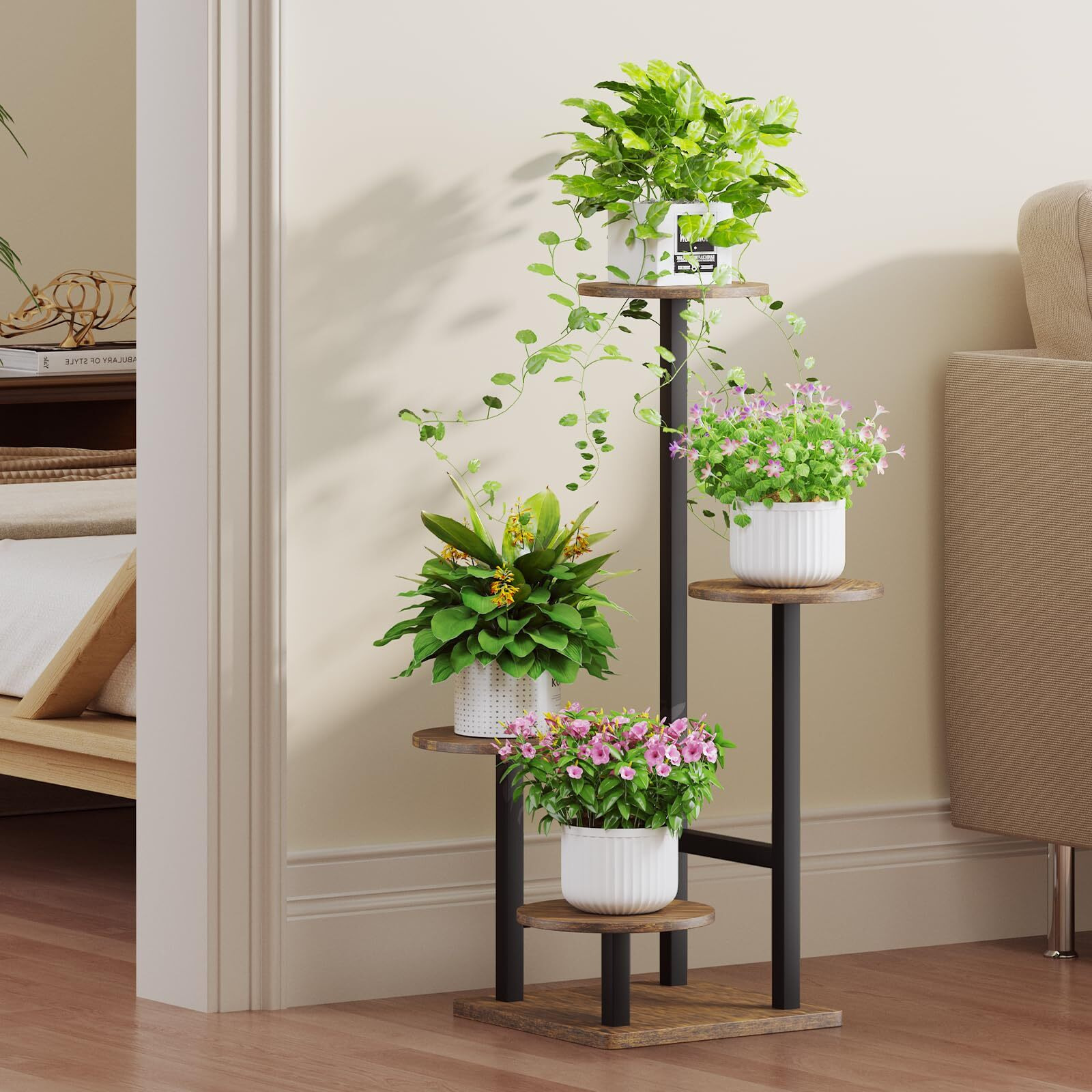 Plant Stand Indoor With Grow Light 4-Tiered Tall Plant Stand Indoor  Metal Plant Shelf With Hanging Basket Hook And Adjustable Light  Ideal For Living Room  Garden  Patio (Black Brown)