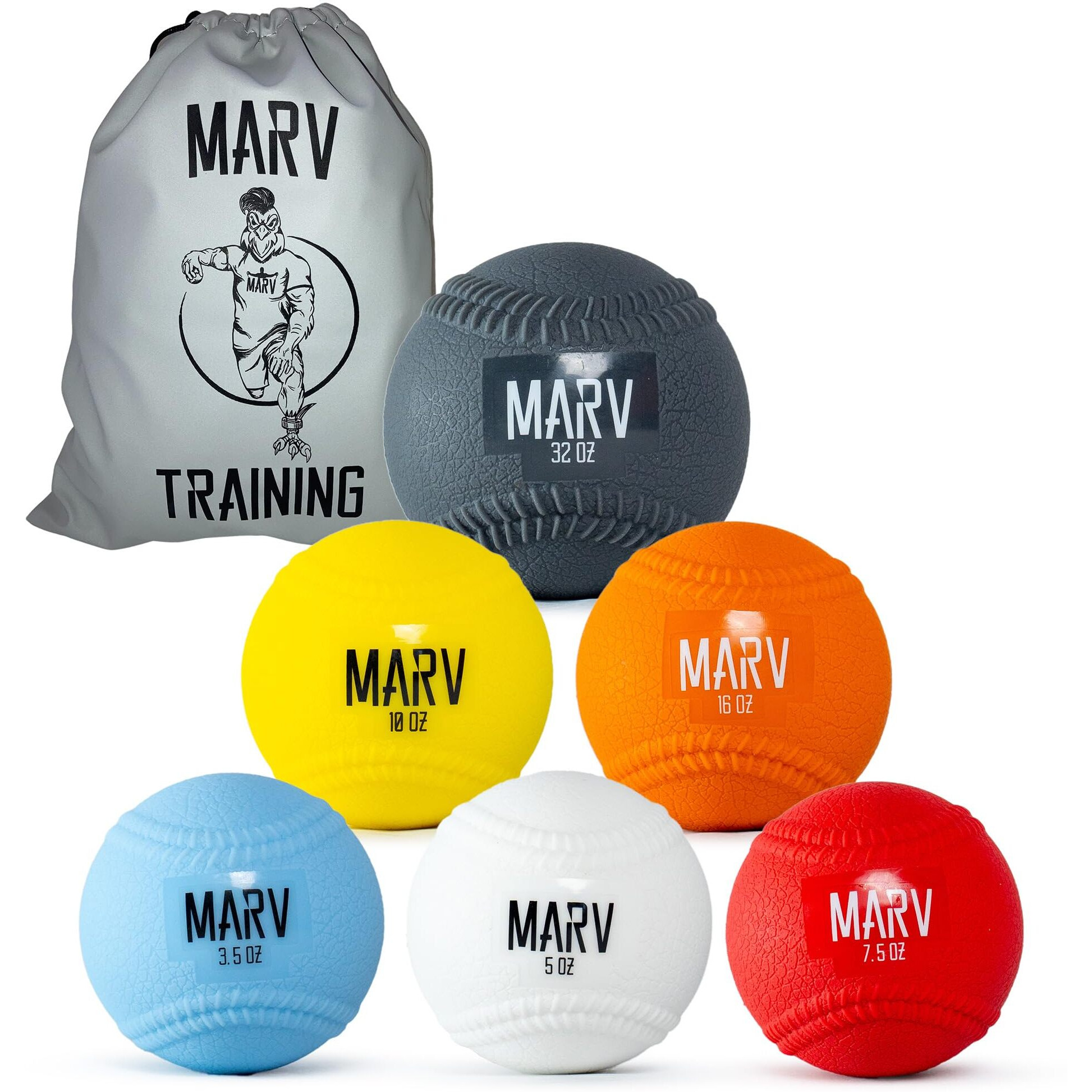 Marv Balls - Velo Set (Soft Shell Plyo Baseball) Original Plyo With Seams Velocity Development Set - 6 Weighted Baseballs
