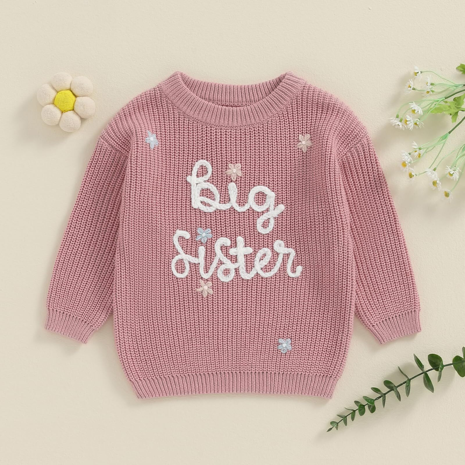 Amnnchya Toddler Infant Baby Girl Knit Sweater Big Sister Little Sister Matching Outfits Long Sleeve Pullover Sweatshirt (Rose Red  4 Years)