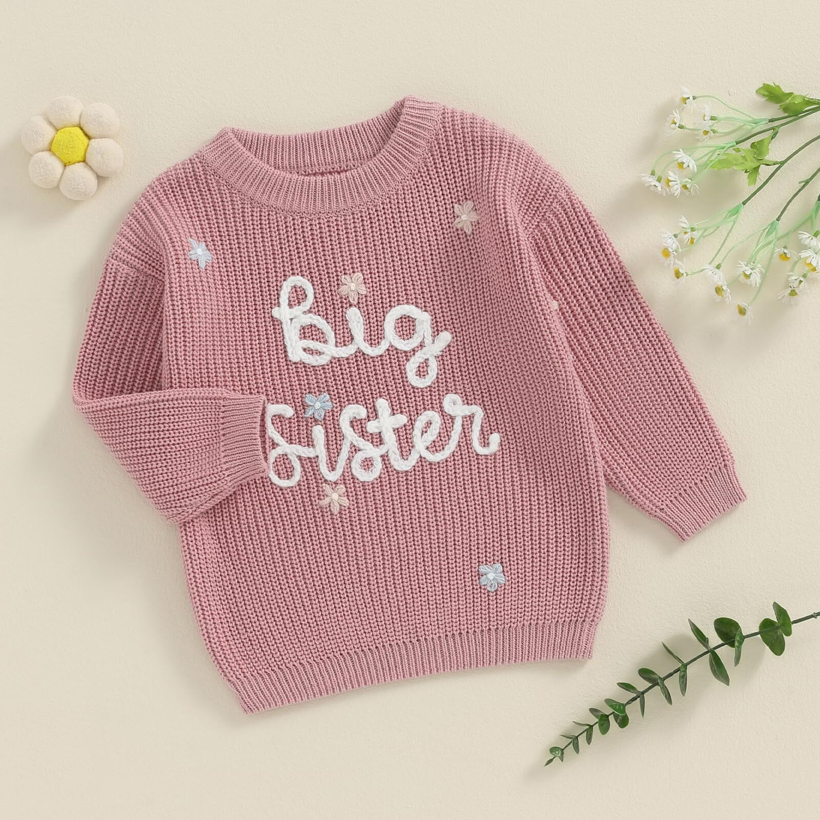 Amnnchya Toddler Infant Baby Girl Knit Sweater Big Sister Little Sister Matching Outfits Long Sleeve Pullover Sweatshirt (Rose Red  4 Years)