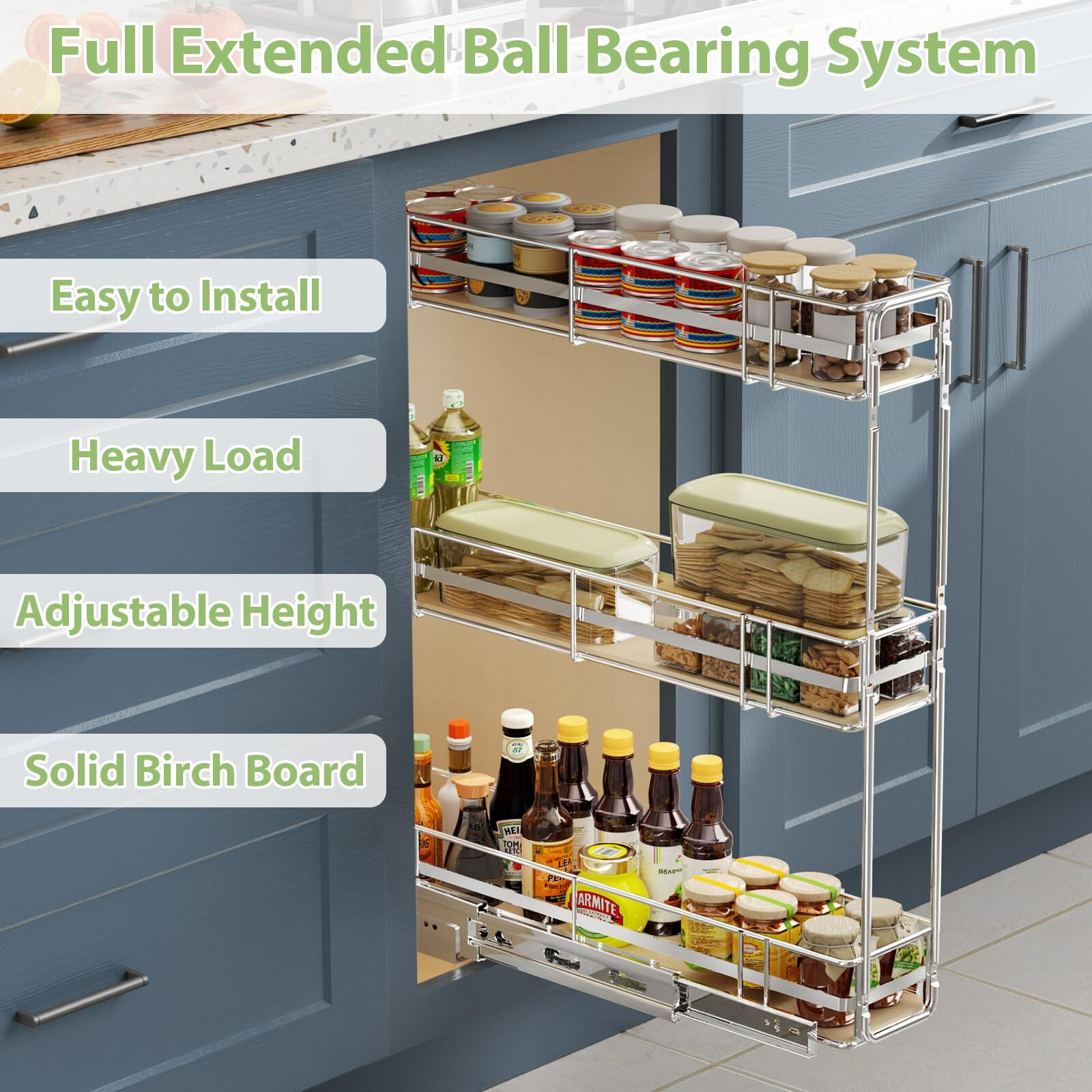 Roomtec 3-Tier Pull Out Cabinet Organizer Spice Rack For Narrow Cabinet 7"" W X 20"" D  Slide Out Wood Shelves Storage For Kitchen