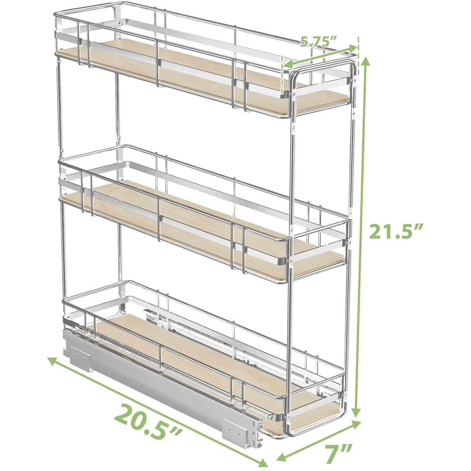 Roomtec 3-Tier Pull Out Cabinet Organizer Spice Rack For Narrow Cabinet 7"" W X 20"" D  Slide Out Wood Shelves Storage For Kitchen