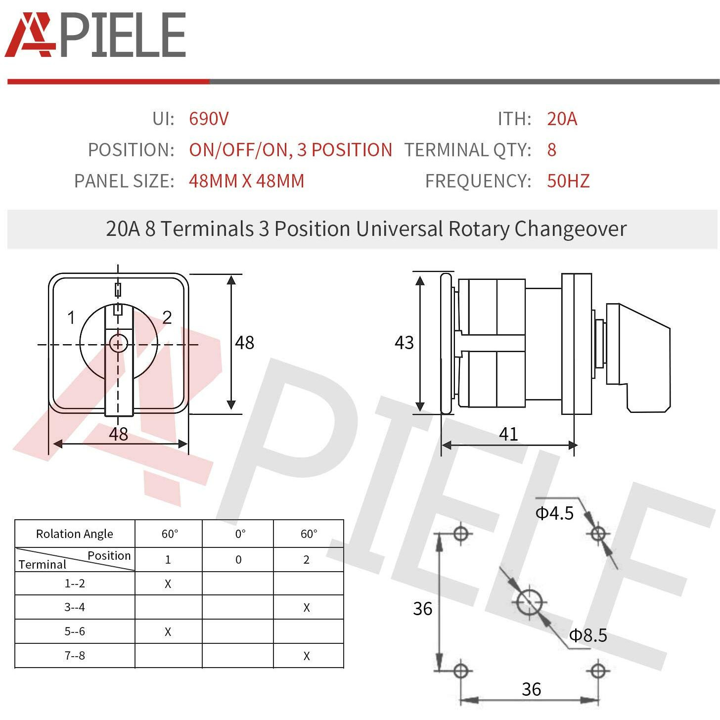 Apiele Changeover Selector Switch 3 Position 440V Universal Rotary Cam Selector (20A 8 Terminal)