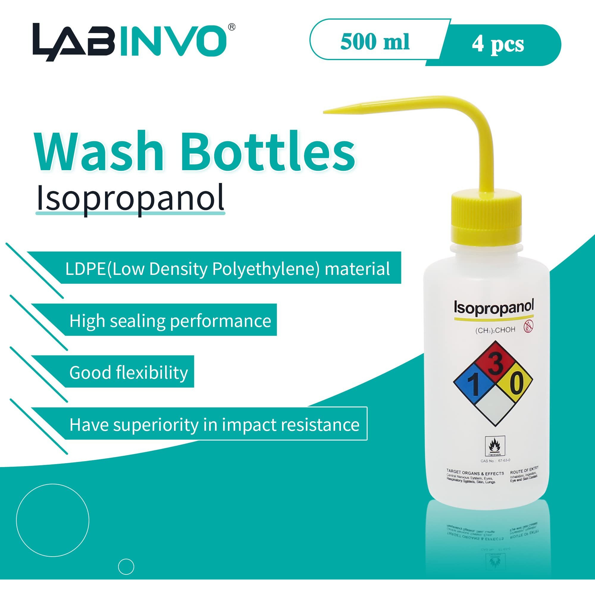 Labinvo 4Pcs Of Isopropanol Wash Bottles  Vol.500Ml (17Oz)  Narrow Mouth  Self-Venting Safety Wash Bottles  Ldpe Material  In-Wbi500
