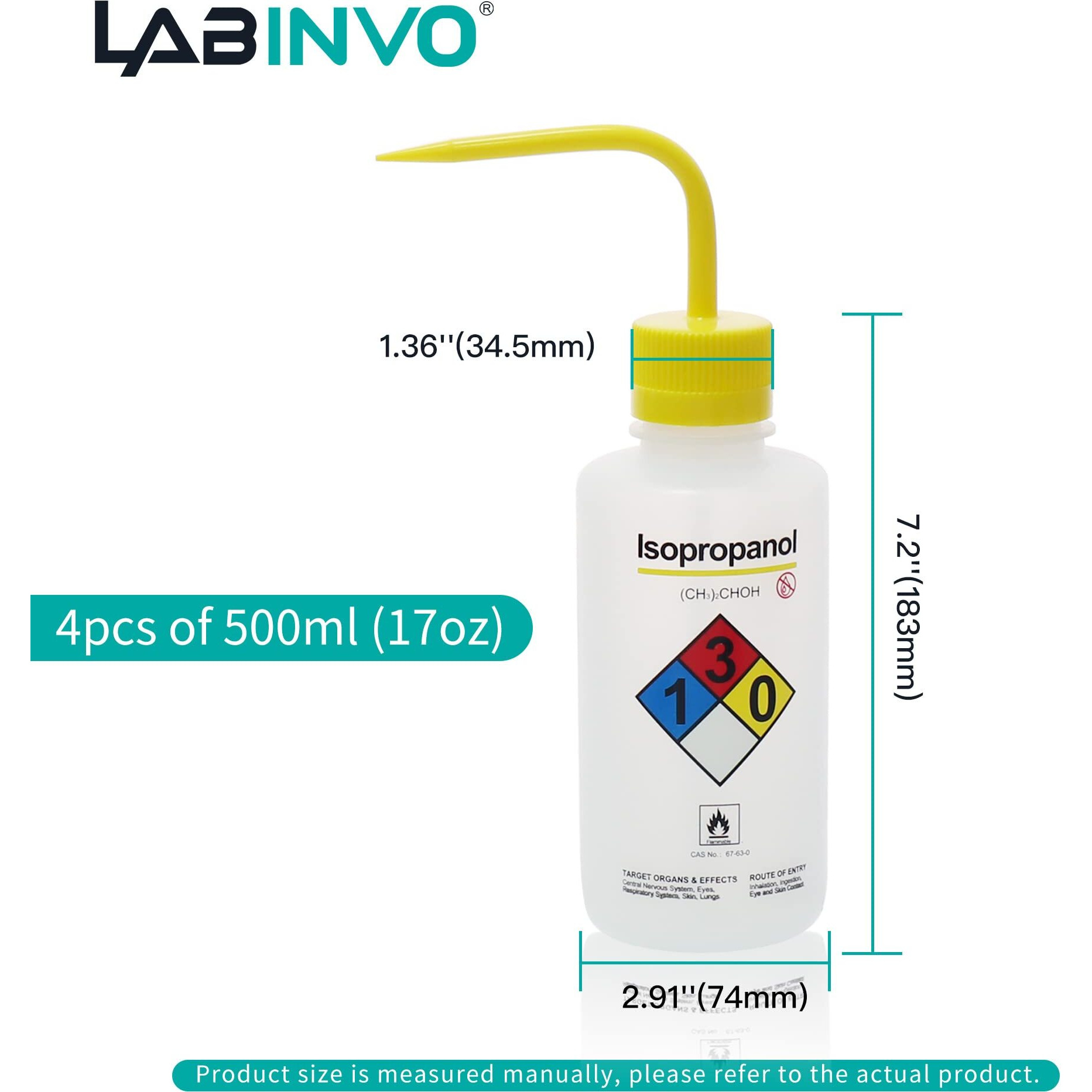 Labinvo 4Pcs Of Isopropanol Wash Bottles  Vol.500Ml (17Oz)  Narrow Mouth  Self-Venting Safety Wash Bottles  Ldpe Material  In-Wbi500