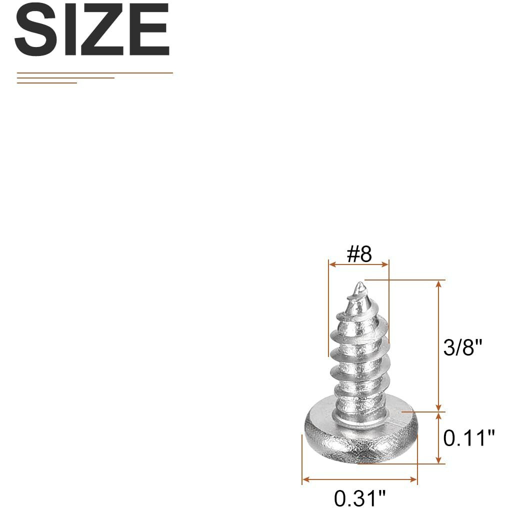 Dtgn 8X3/8"" Phillips Pan Head Self-Tapping Screw - 100Pack - Bright Finish 304 Stainless Steel Sheet Metal Screws Wood Screws