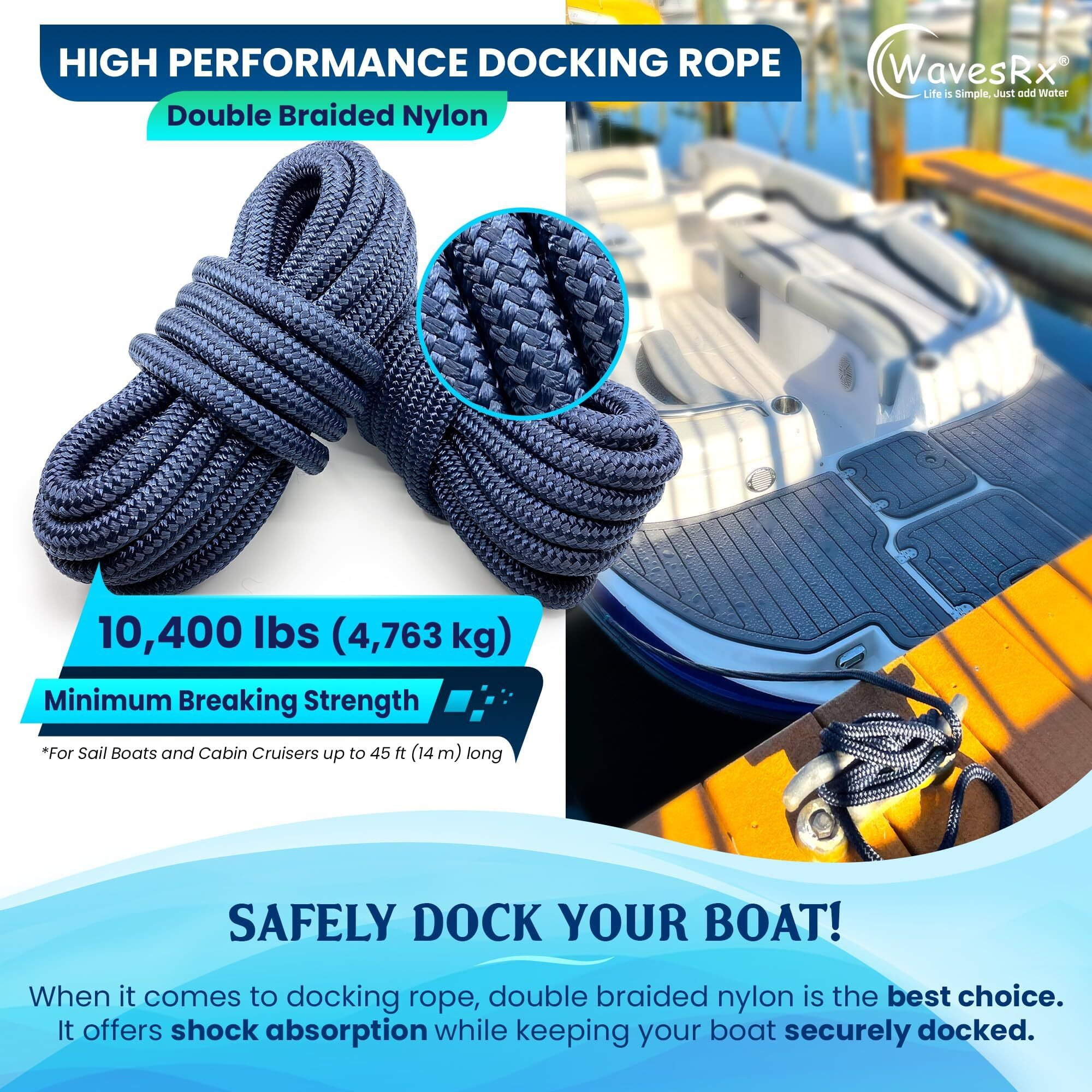 Premium Nylon Boat Dock Lines & Ropes For Docking 5/8'' X 25' | Double Braided Marine Rope & Mooring Line| Boat Ropes For Docking With Loop | Uv & Saltwater Resistant Dock Ropes For Boats & Pontoons