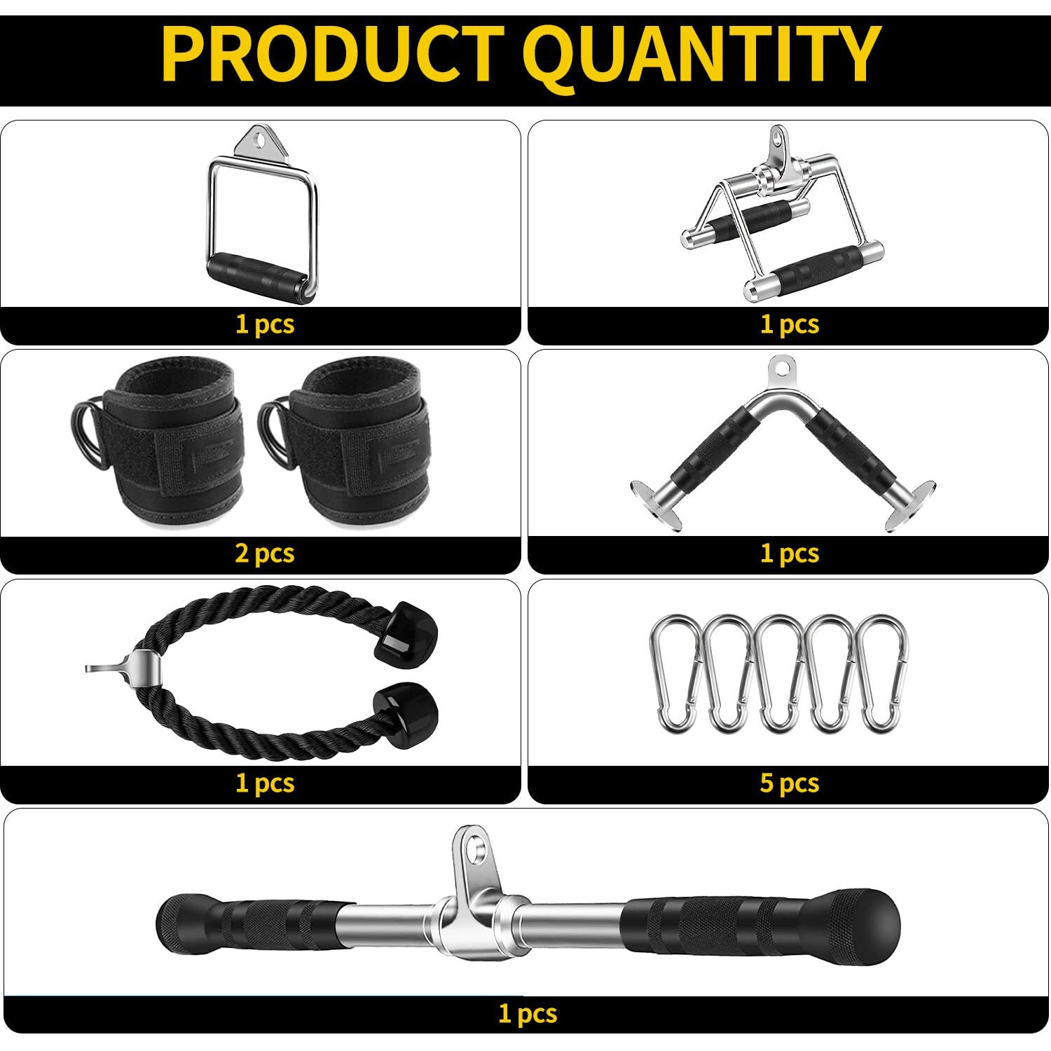 Wnoey Triceps Pull Down Attachment  Cable Machine Accessories For Home Gym (V Handle + Row Handle + Rotating Bar + Tricep Rope + Ankle Straps + D Handle)