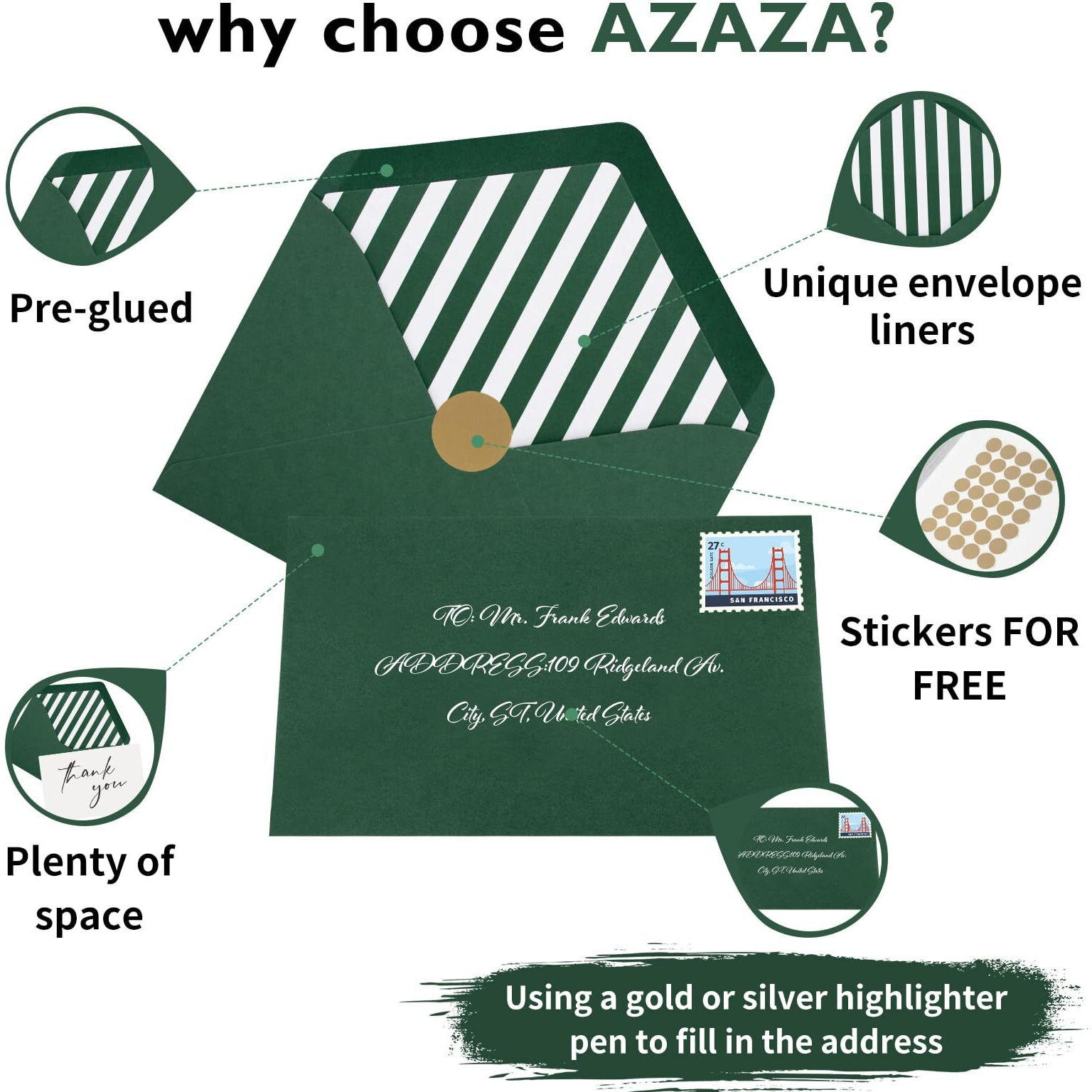 Azaza Thank You Cards With Envelopes Chic Liners Assembled  50 Pack Green Wedding Thank You Cards 4X6 Inch  Bulk Blank Thank You Notes For Bridal Shower  Baby Shower (Green)
