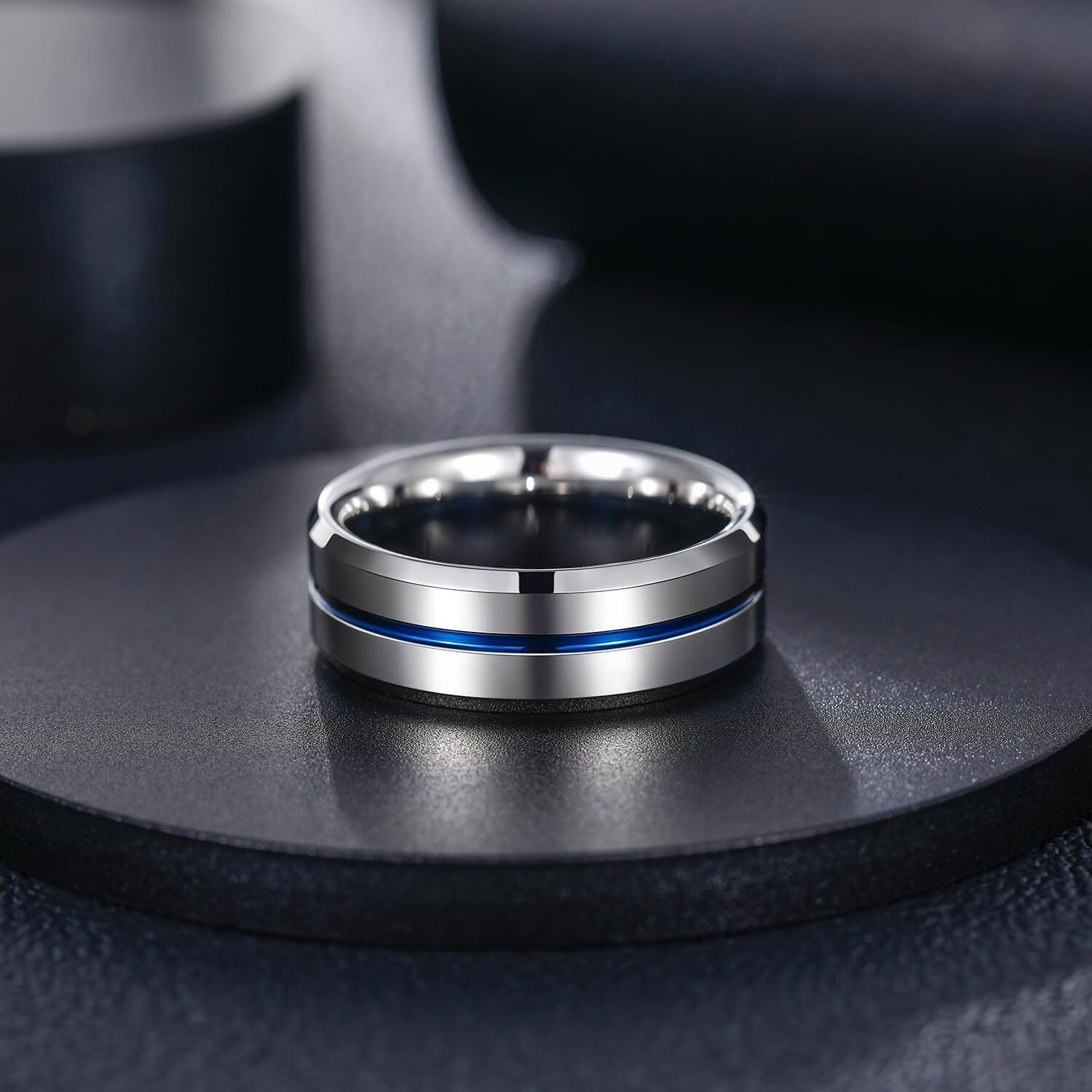 Greenpod 8Mm Tungsten Carbide Rings Silver Blue High Polished Beveled Edge Wedding Band For Men Women Engraved I Love You Size 12.5