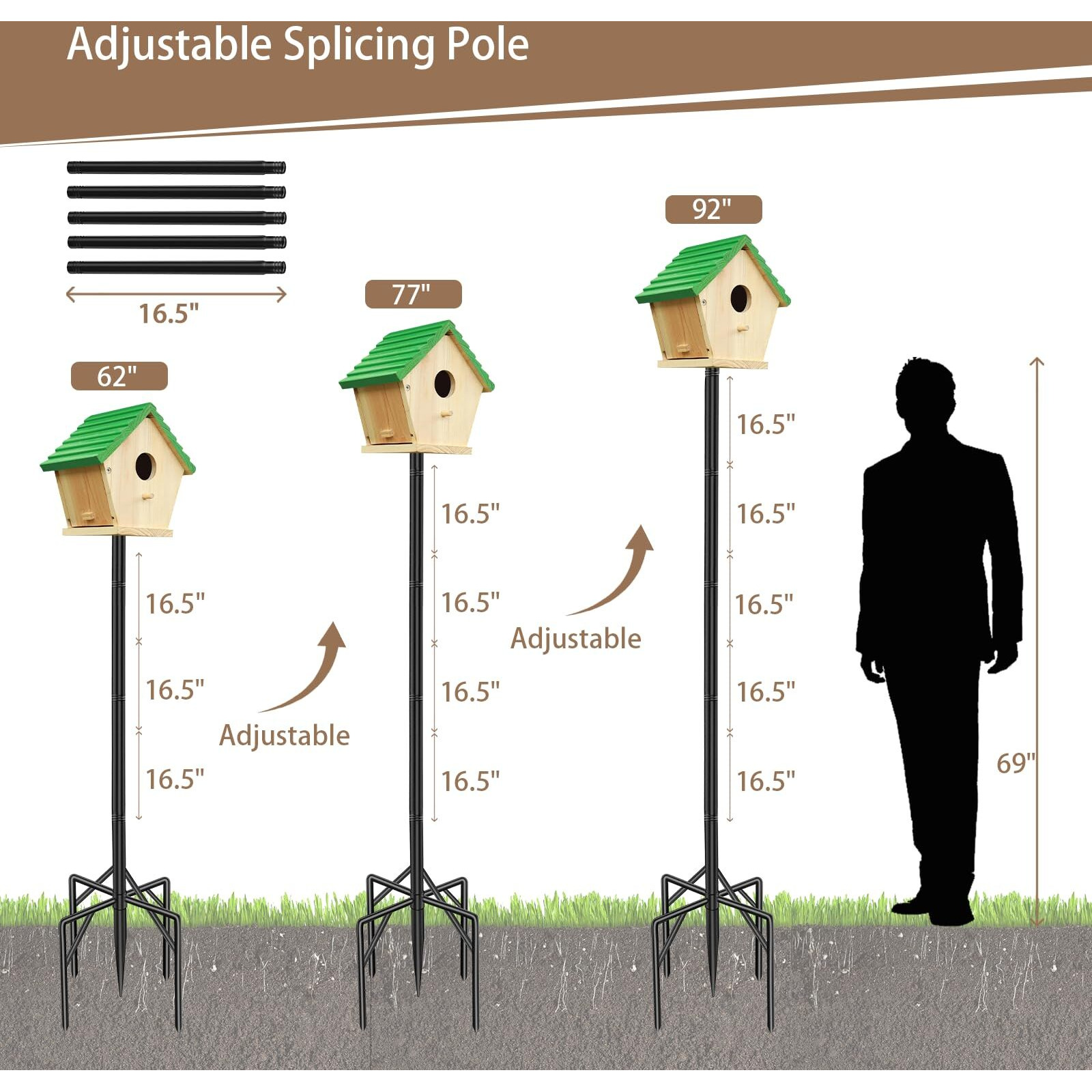 92 Inch Heavy Duty Birdhouse Pole For Outdoors With 5-Prong Base  Bird Feeder Stand/Post  Adjustable Bird House Poles  Weather Station Mounting Kit (Birdhouse Not Included)
