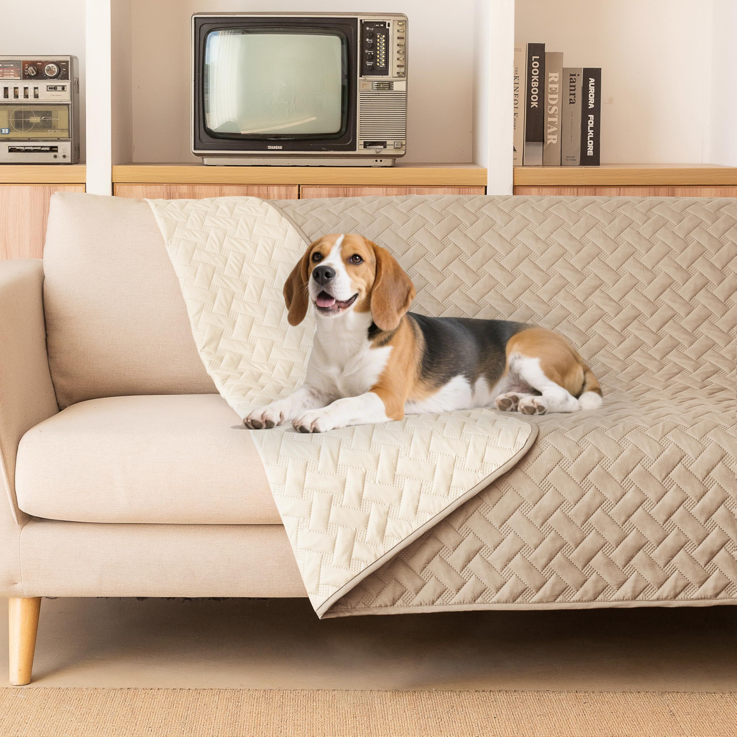 Gogobunny 100% Double Sided Waterproof Dog Blanket Soft Pet Bed Cover Reversible Protect Furniture Couch Sofa Car For Puppy Cat Kids (Dark Beige/Light Beige  68X82 Inch (Pack Of 1))