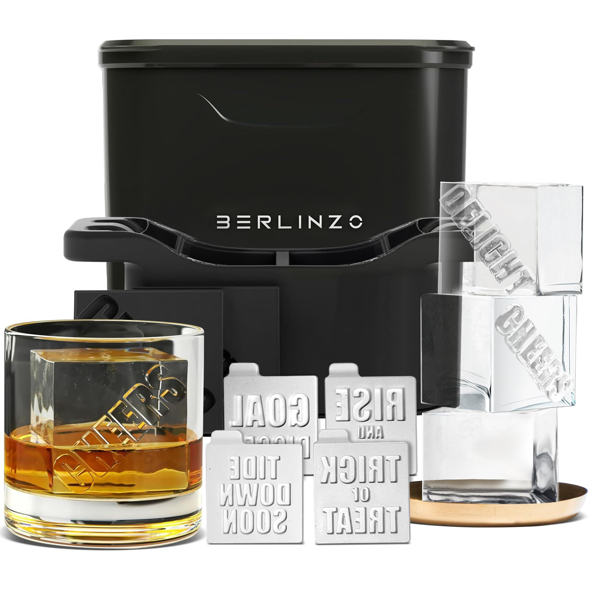 Berlinzo Premium Clear Ice Cube Maker Mold - 2 Large 2.1-Inch Crystal Clear Ice Square Cubes For Whiskey & Cocktails - Easy-To-Remove Ice Cube Mold - Includes Storage Bag & Silicone Inserts - Black