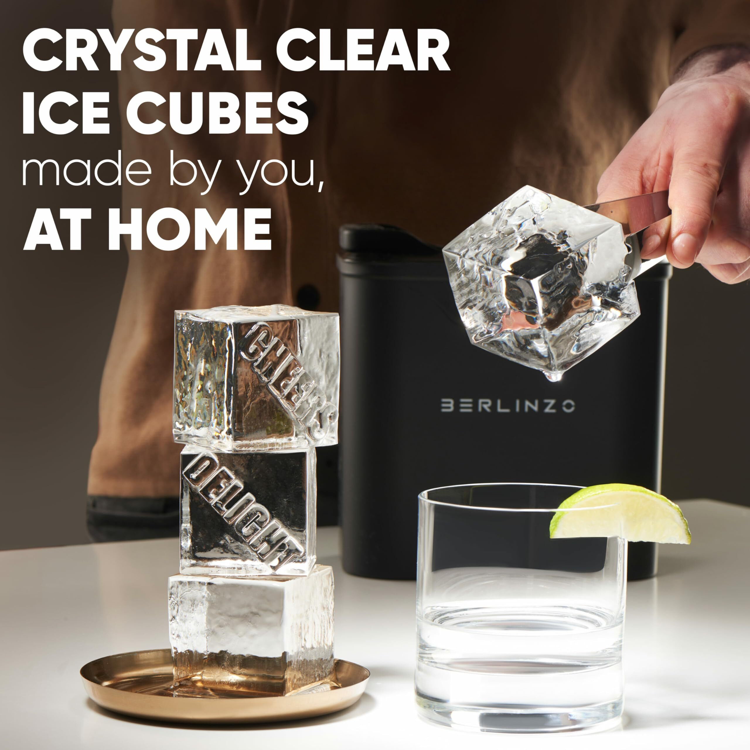 Berlinzo Premium Clear Ice Cube Maker Mold - 2 Large 2.1-Inch Crystal Clear Ice Square Cubes For Whiskey & Cocktails - Easy-To-Remove Ice Cube Mold - Includes Storage Bag & Silicone Inserts - Black
