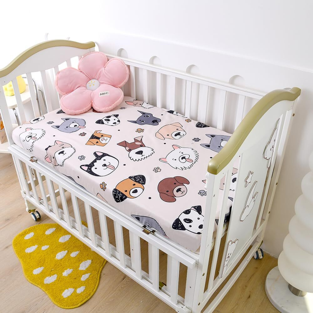 Kwlover Soft Doggy Printed Fabric Crib Sheet For Boys Girls 2 Pack Crib Mattress Sheets Or Toddler Bed Sheet  Baby Bassinet Sheets Fitted Crib Sheet (Cream)