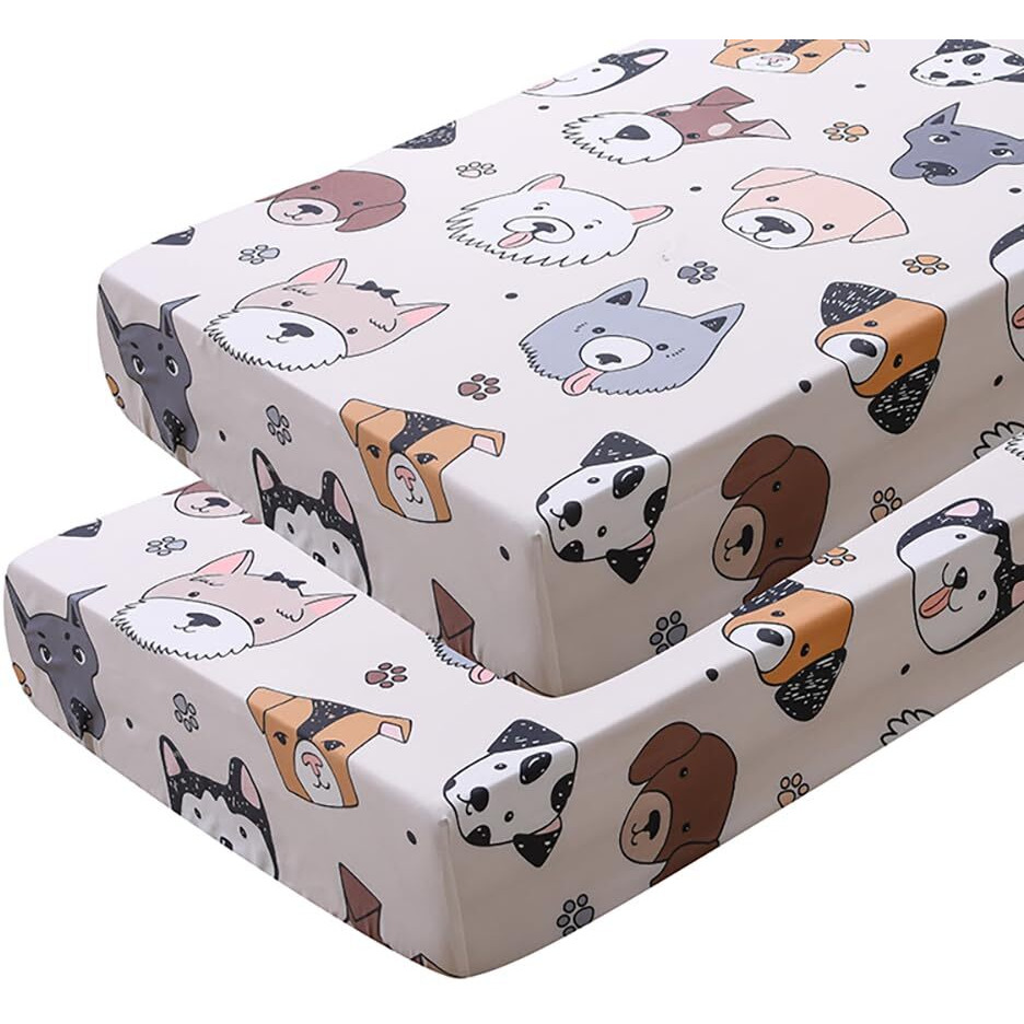 Kwlover Soft Doggy Printed Fabric Crib Sheet For Boys Girls 2 Pack Crib Mattress Sheets Or Toddler Bed Sheet  Baby Bassinet Sheets Fitted Crib Sheet (Cream)