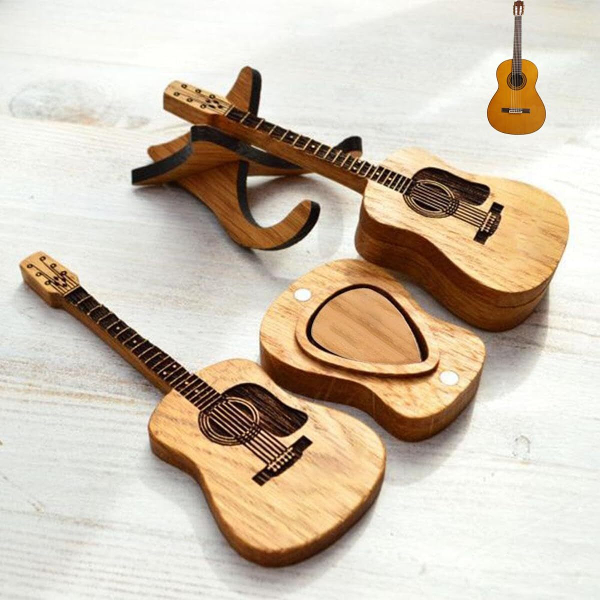 Chevixor Wooden Guitar Pick Box With Stand Guitar Pick Case With 3 Pcs Guitar Pick Holder Acoustic Guitar Pick Box Thin Guitar Picks  Small  Jt-B240525P