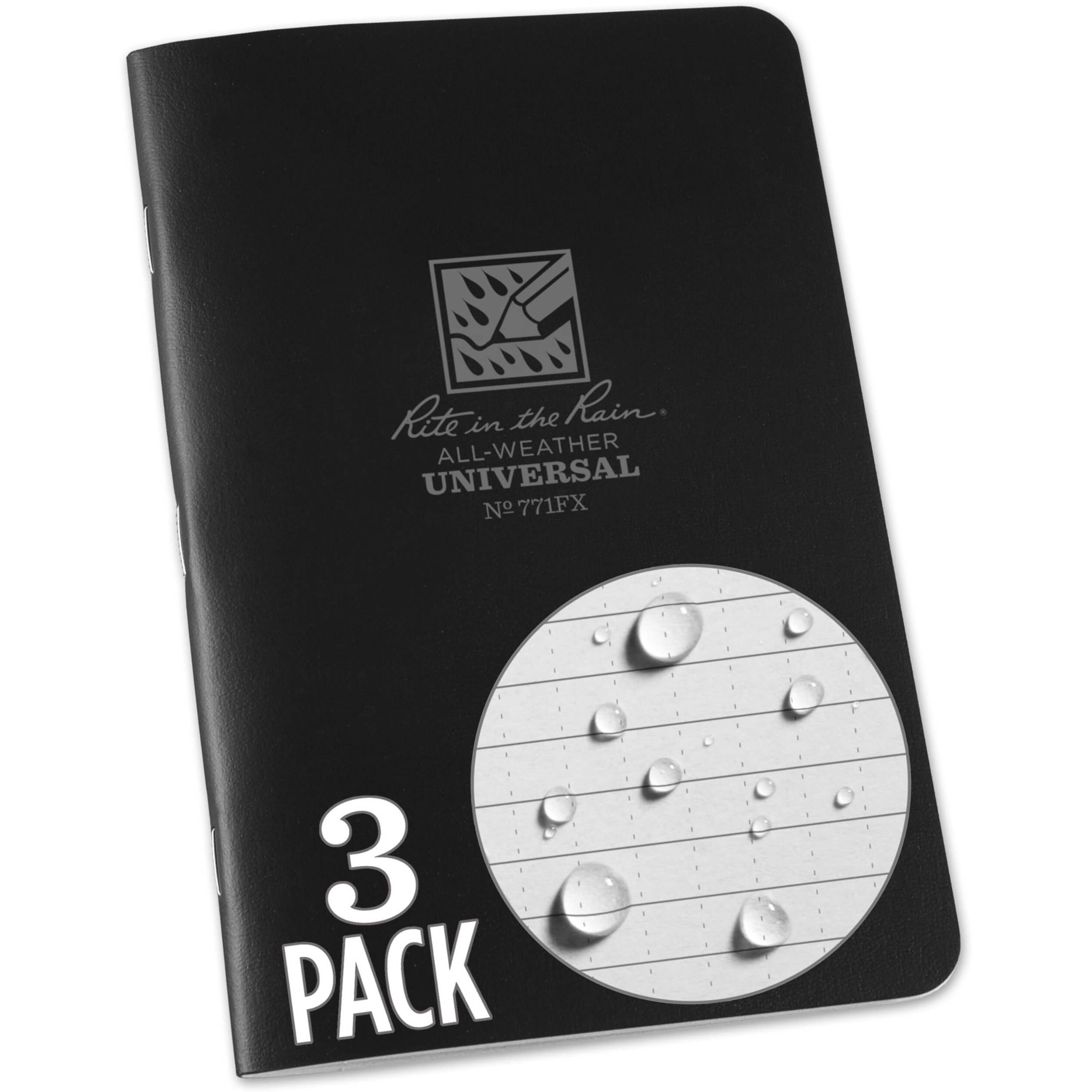 Rite In The Rain Weatherproof Stapled Notebook  4.625"" X 7""  Black Cover  Universal Pattern  3 Pack (No. 771Fx)