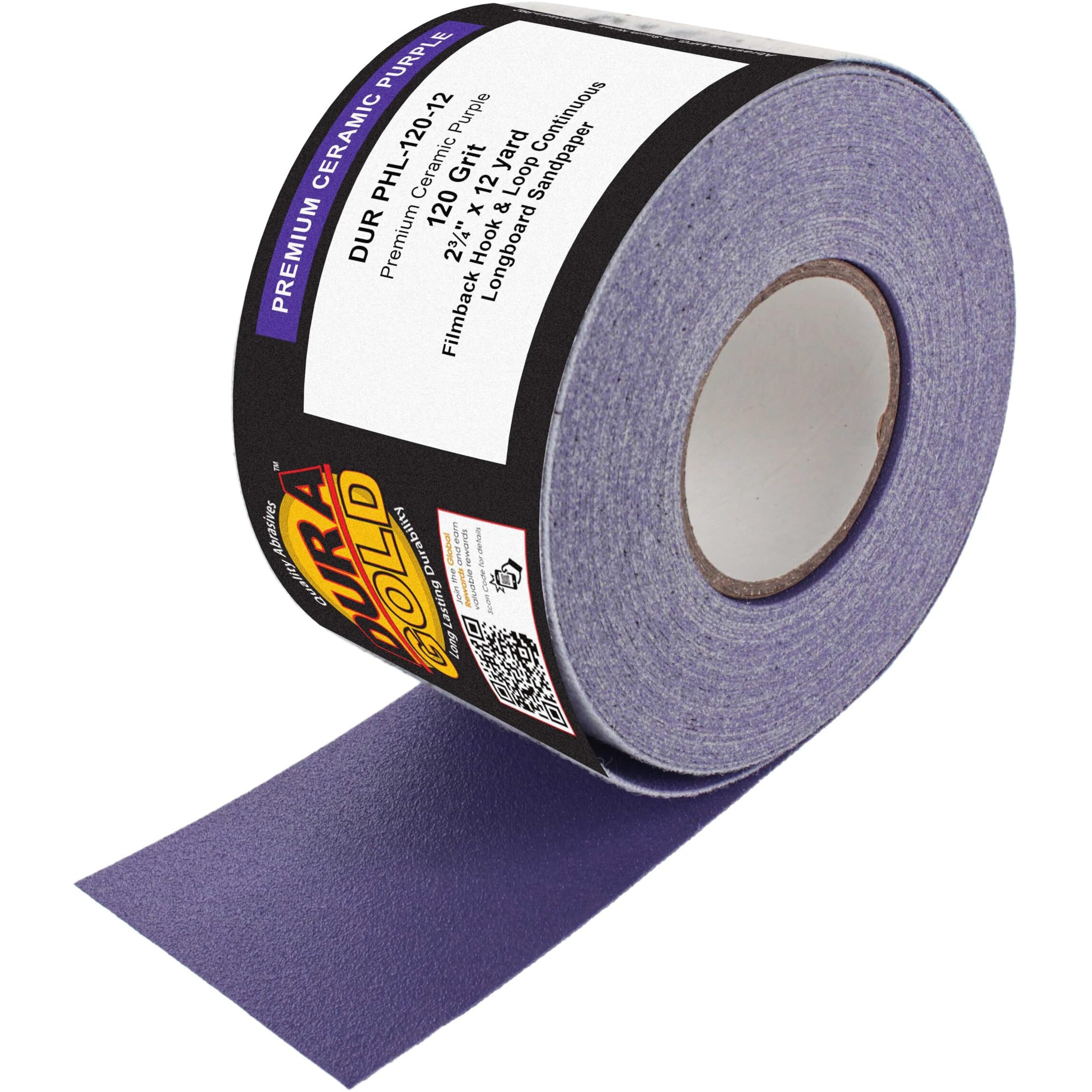 Dura-Gold Premium 120 Grit Purple Film Ceramic Longboard Sandpaper  2-3/4"" Wide Continuous 12 Yard Roll - Hook & Loop Backing For Auto & Woodworking Air File Long Board Sanders  Hand Sanding Blocks