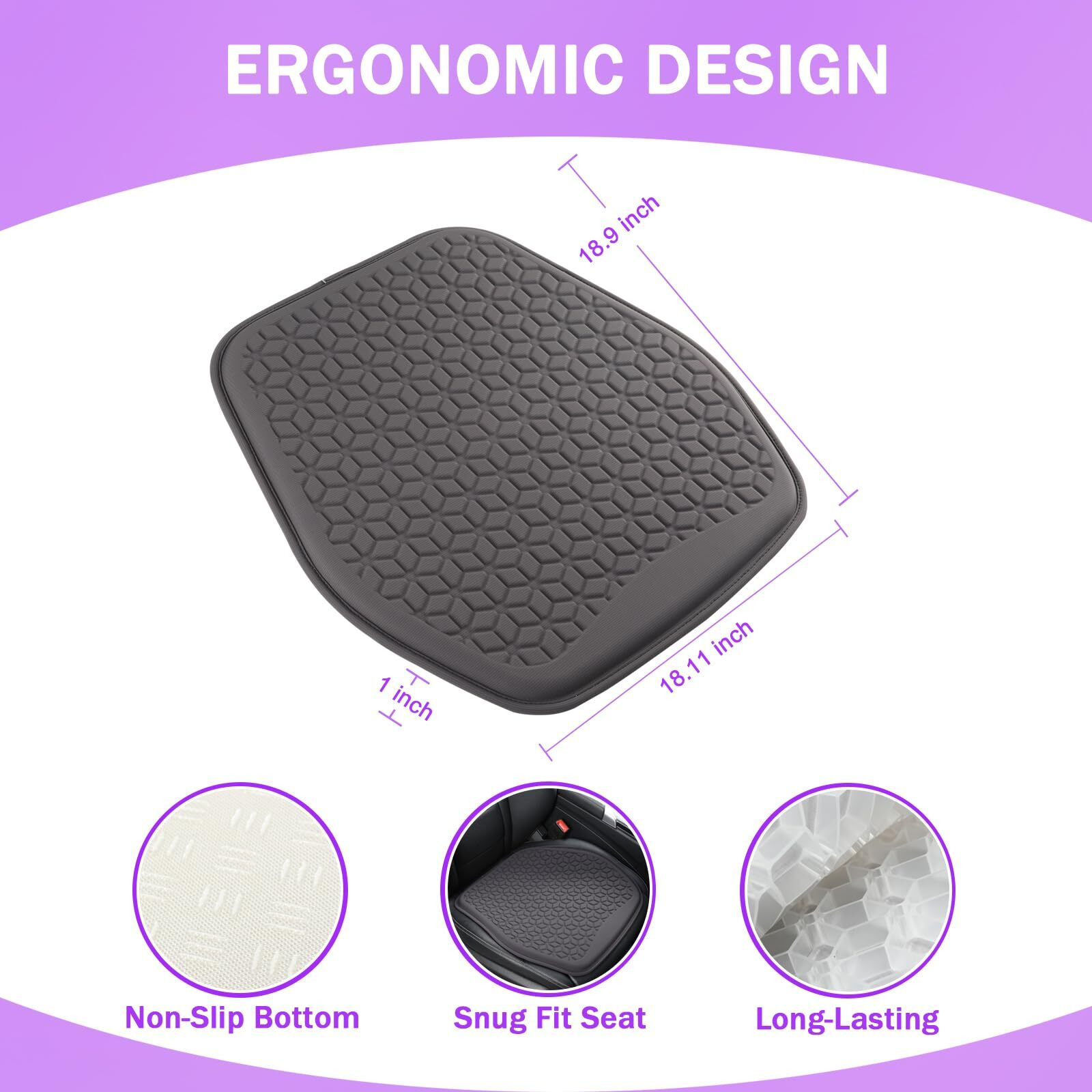 Binsheo Thin Gel Seat Cushion For Car Seat  Office Chair  Wheelchair  Golf Cart - Non-Slip Car Seat Cushions With 1 Inch Gel - Sciatica & Coccyx Pain Relief (Fabric  Dark Grey)