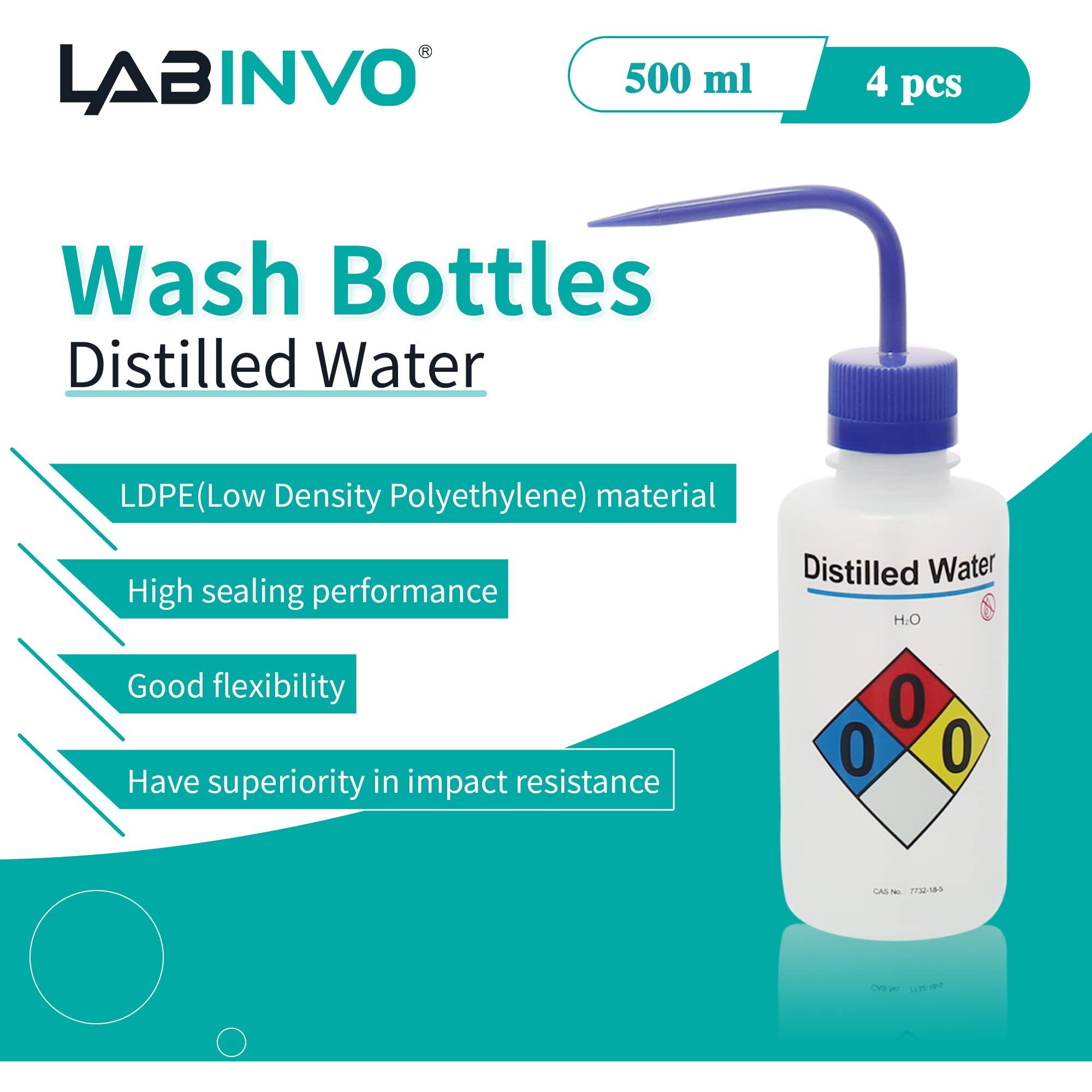 Labinvo 4Pcs Of Distilled Water Wash Bottles  Vol.500Ml (17Oz)  Narrow Mouth  Self-Venting Safety Wash Bottles  Ldpe Material  In-Wbd500